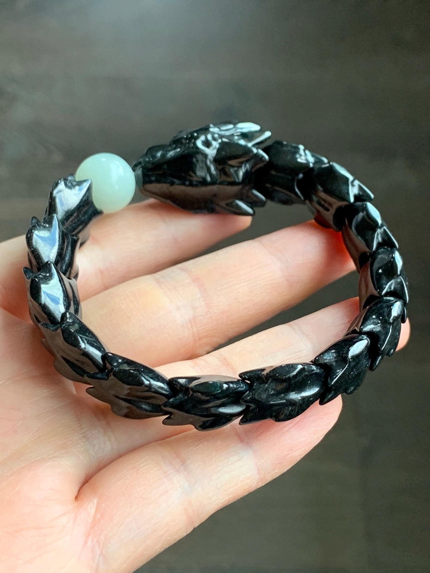 Natural Grade A Black Jadeite Carved Dragon Bone & Dragon Head Icy Translucent White Jadeite Bead Beaded Bracelet 7" 天然墨翠龙头龙骨冰翡翠珠手串 LSL1215