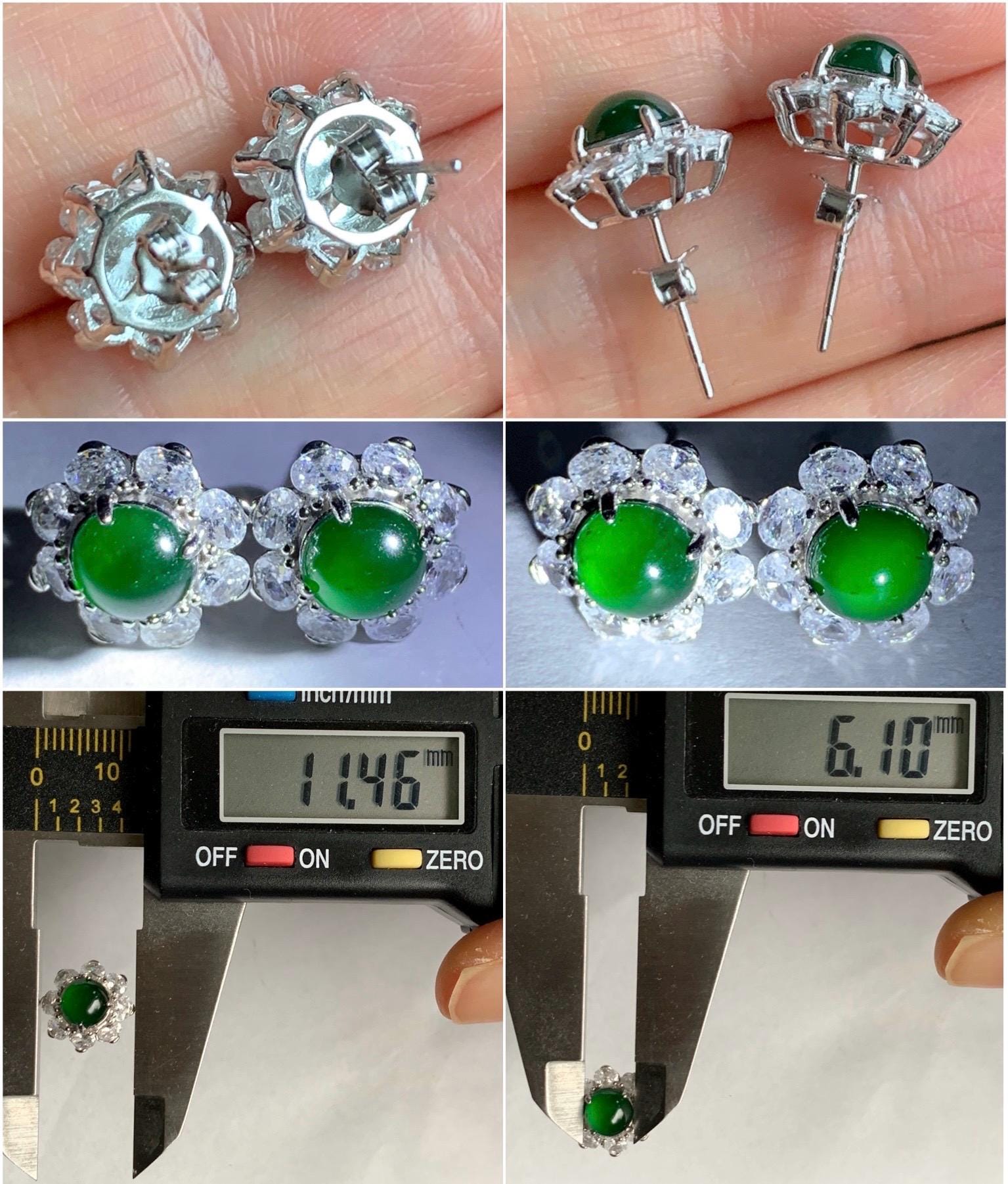 Natural Guatemalan Grade A Icy Highly Translucent Vibrant Green Jadeite Round Stud Earrings Sterling Silver 天然冰危绿翡翠蛋面银镶耳钉 ZHL98