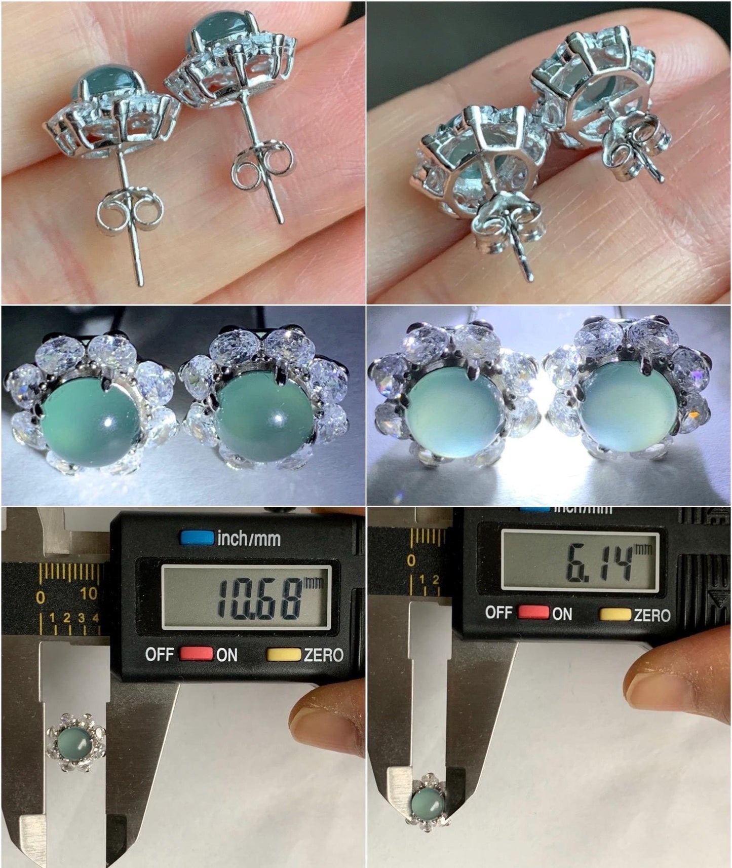 Natural Guatemalan Grade A Icy Highly Translucent Light Teal Green Jadeite Round Stud Earrings Sterling Silver 天然冰危淡蓝绿翡翠蛋面银镶耳钉 QLL88