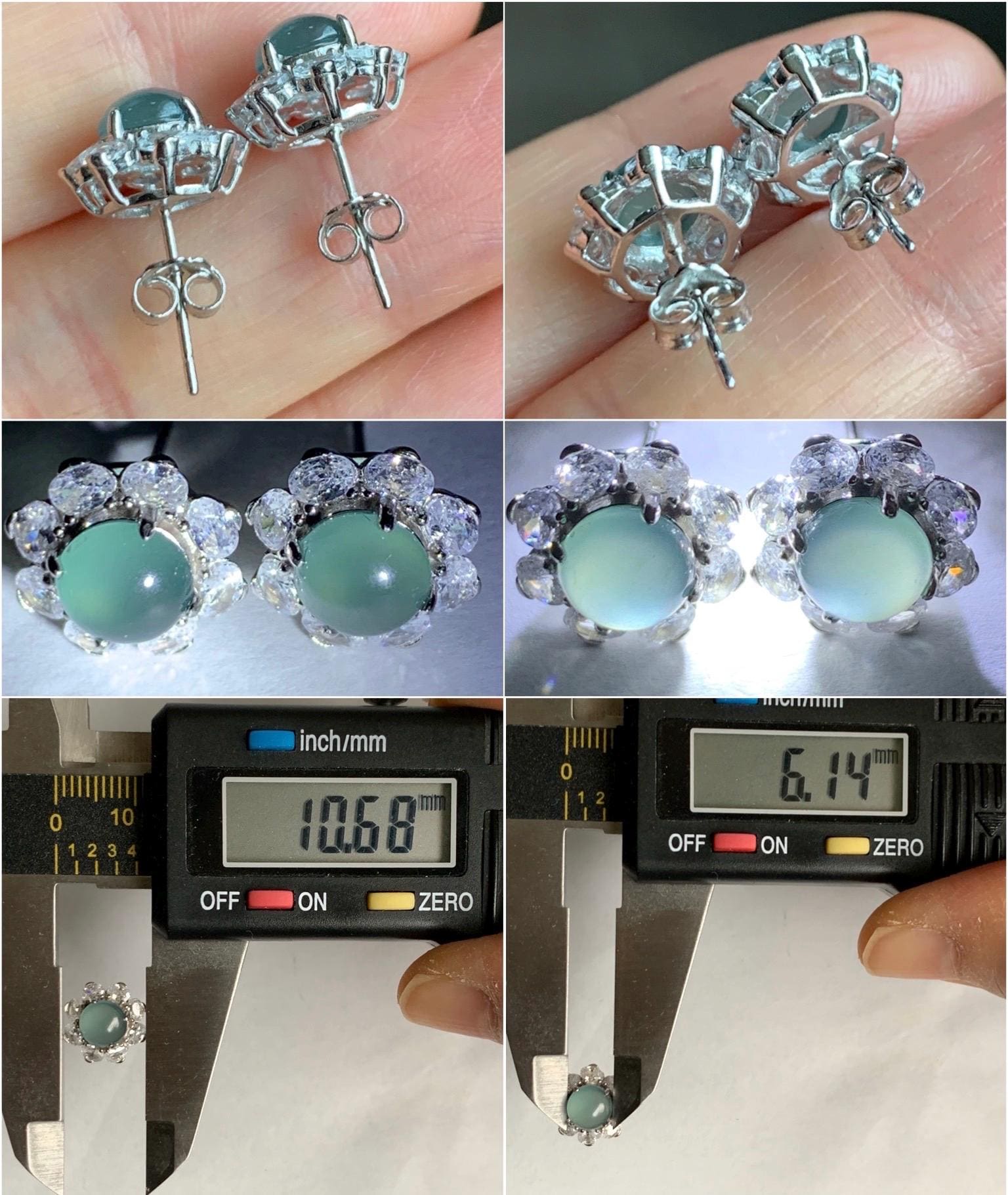 Natural Guatemalan Grade A Icy Highly Translucent Light Teal Green Jadeite Round Stud Earrings Sterling Silver 天然冰危淡蓝绿翡翠蛋面银镶耳钉 QLL88