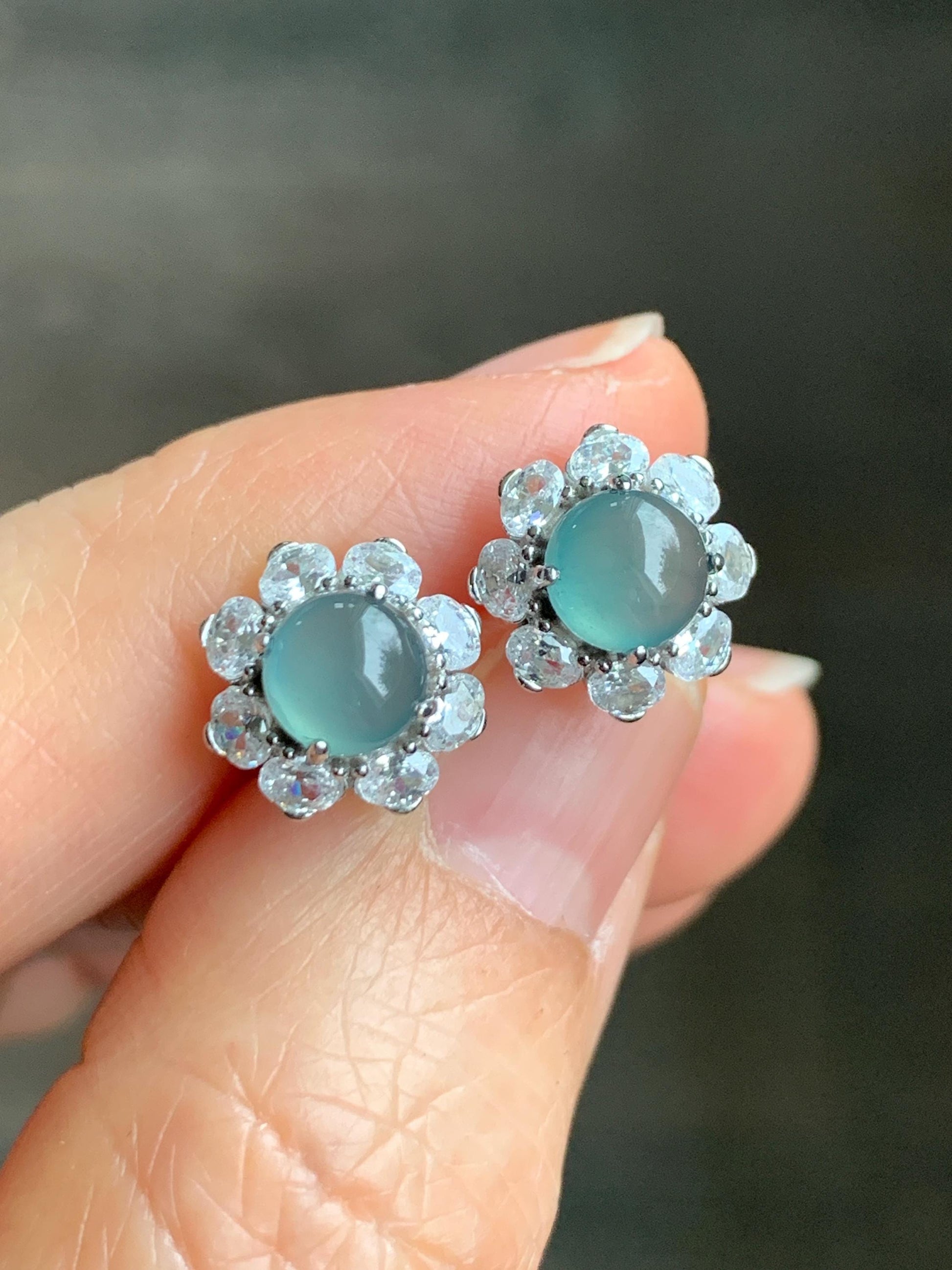 Natural Guatemalan Grade A Icy Highly Translucent Light Teal Green Jadeite Round Stud Earrings Sterling Silver 天然冰危淡蓝绿翡翠蛋面银镶耳钉 QLL88
