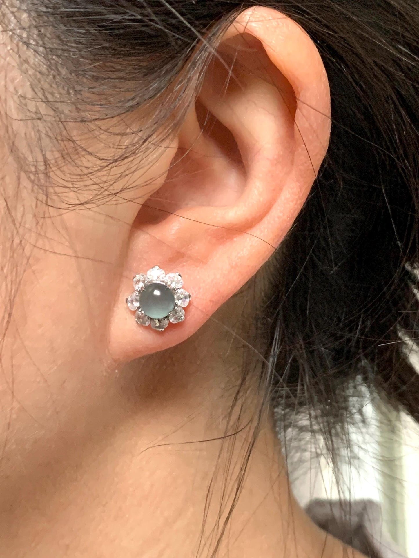 Natural Guatemalan Grade A Icy Highly Translucent Light Teal Green Jadeite Round Stud Earrings Sterling Silver 天然冰危淡蓝绿翡翠蛋面银镶耳钉 QLL88