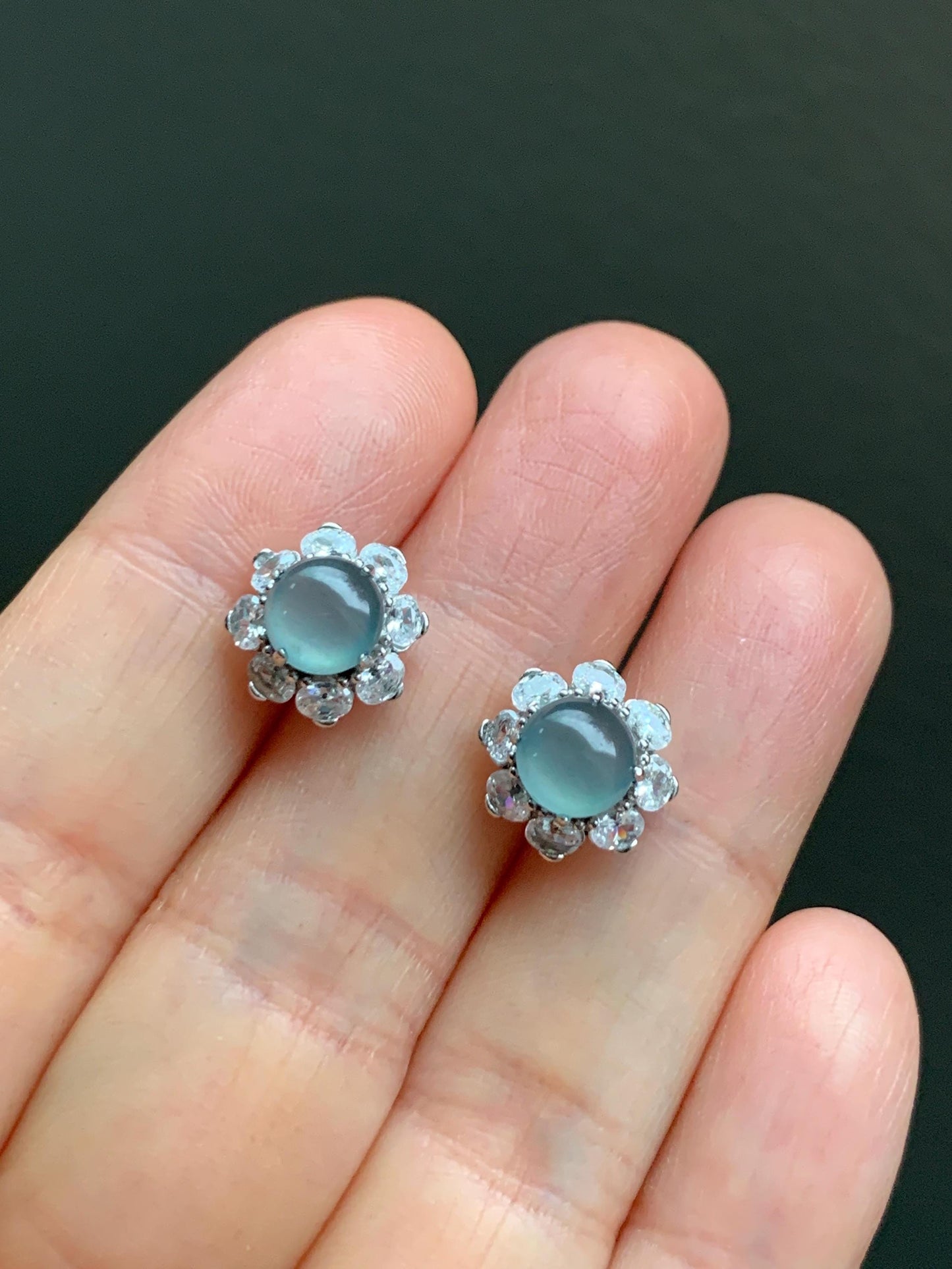 Natural Guatemalan Grade A Icy Highly Translucent Light Teal Blue Jadeite Round Stud Earrings Sterling Silver 天然冰危淡蓝翡翠蛋面银镶耳钉 SLL100