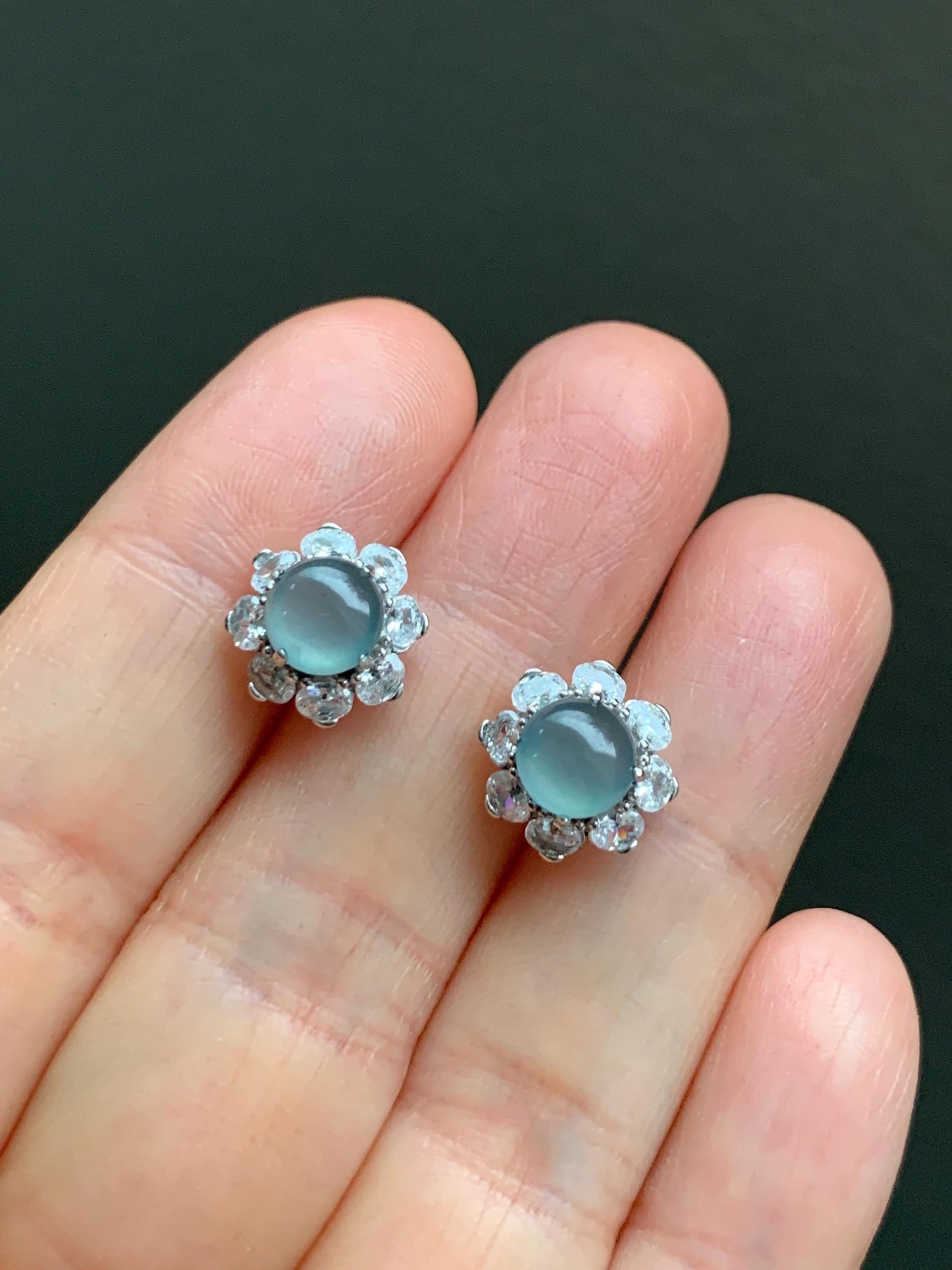 Natural Guatemalan Grade A Icy Highly Translucent Light Teal Blue Jadeite Round Stud Earrings Sterling Silver 天然冰危淡蓝翡翠蛋面银镶耳钉 SLL100
