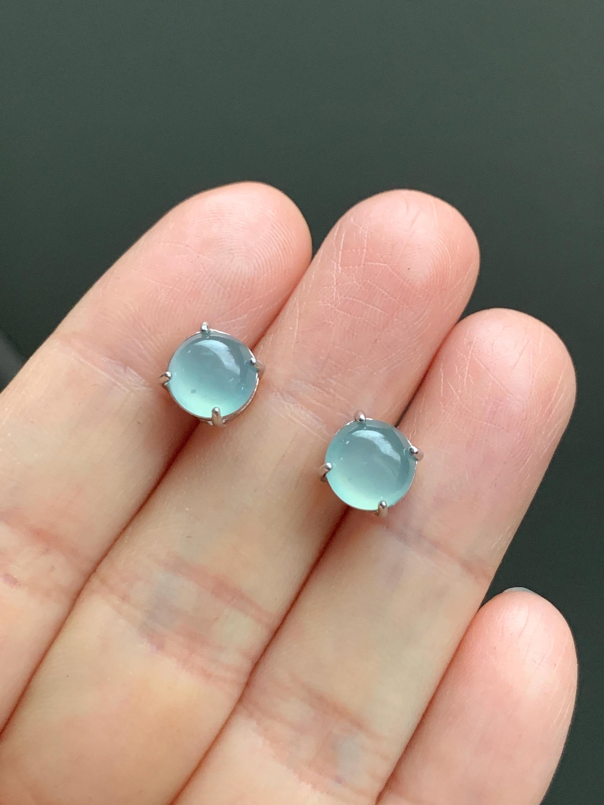 Natural Guatemalan Grade A Icy Highly Translucent Light Teal Blue Jadeite Round Stud Earrings Sterling Silver 天然冰危淡蓝翡翠蛋面银镶耳钉 JDK80