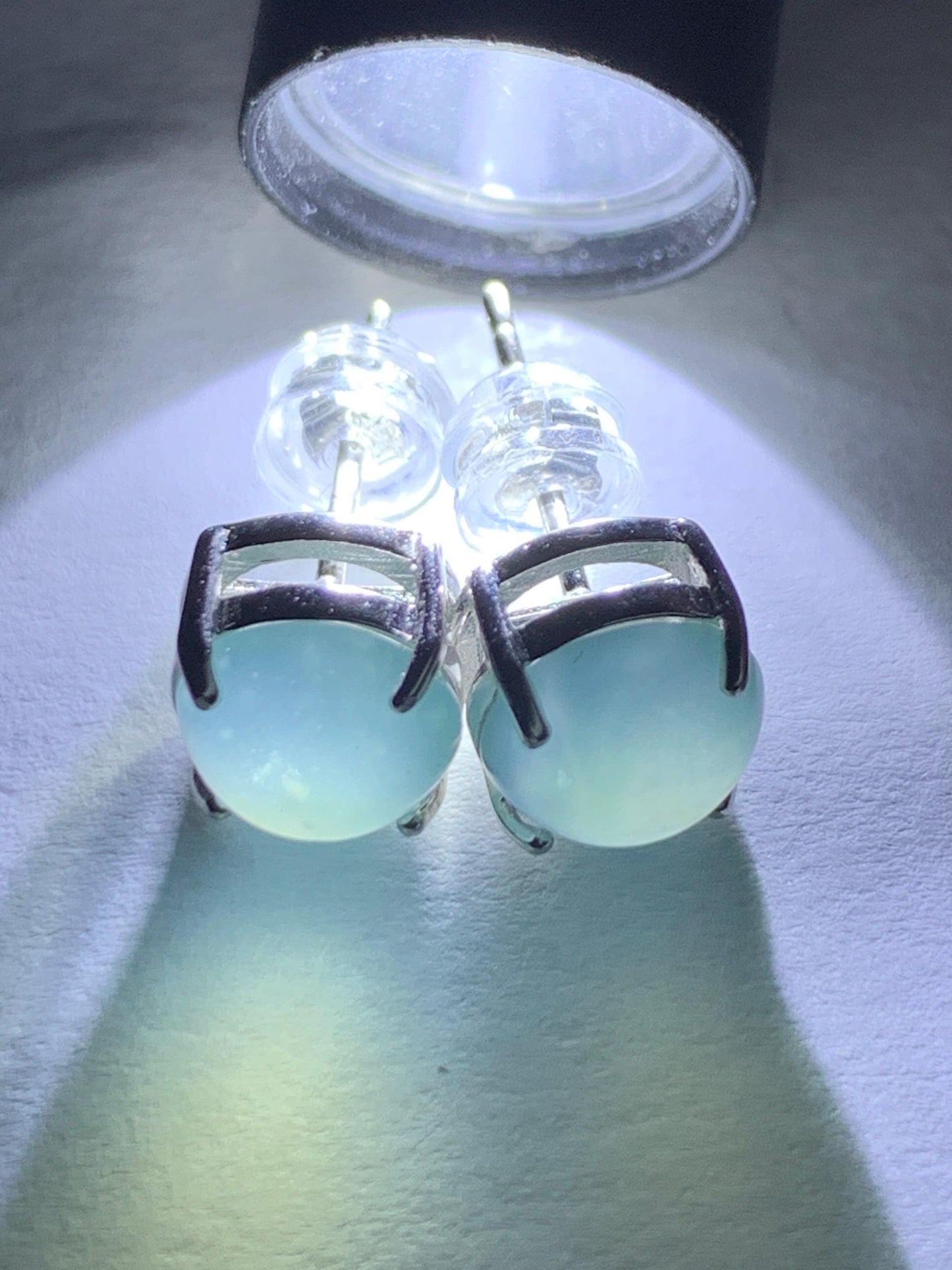 Natural Guatemalan Grade A Icy Highly Translucent Light Teal Blue Jadeite Round Stud Earrings Sterling Silver 天然冰危淡蓝翡翠蛋面银镶耳钉 JDK80