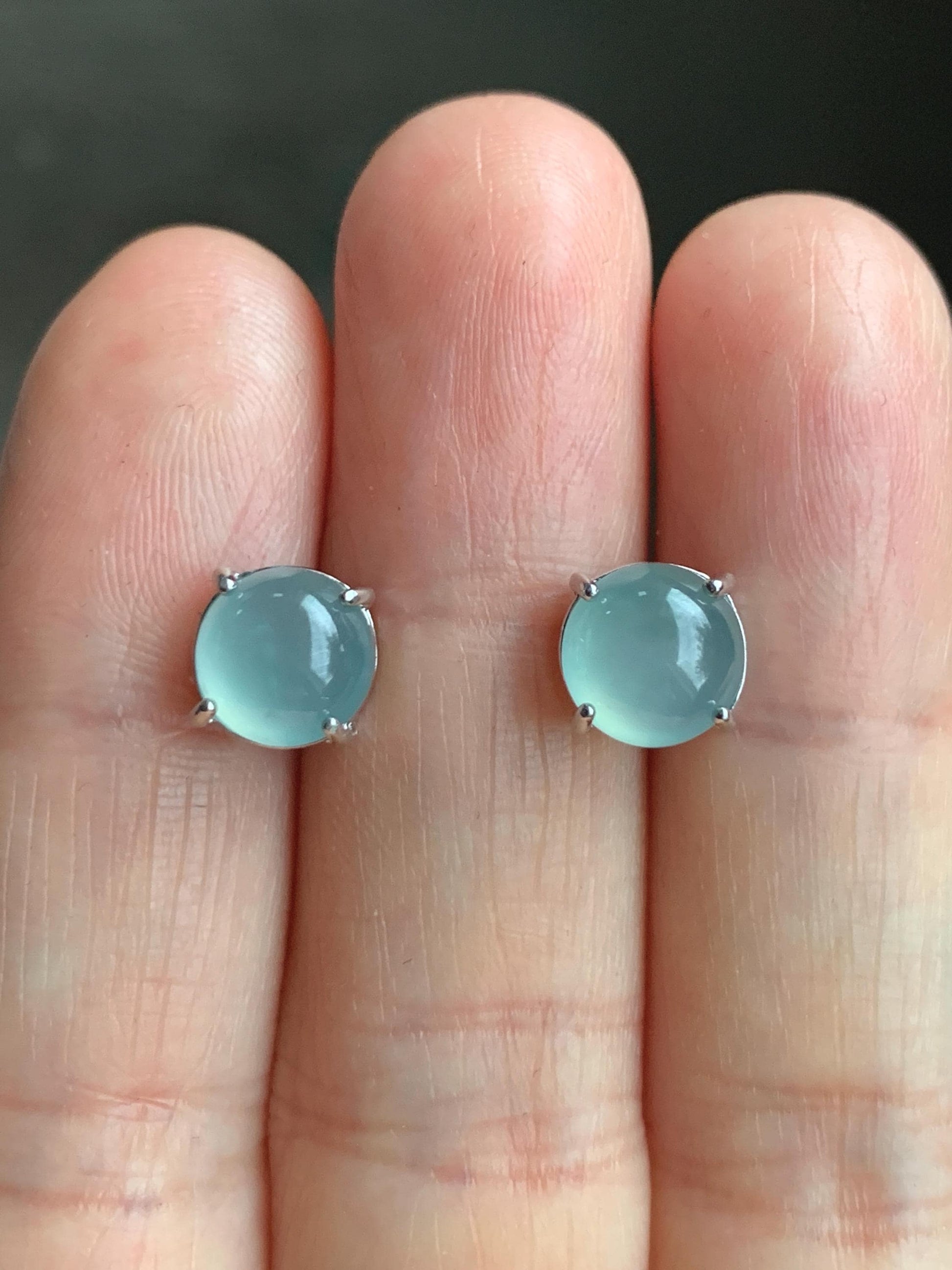 Natural Guatemalan Grade A Icy Highly Translucent Light Teal Blue Jadeite Round Stud Earrings Sterling Silver 天然冰危淡蓝翡翠蛋面银镶耳钉 JDK80