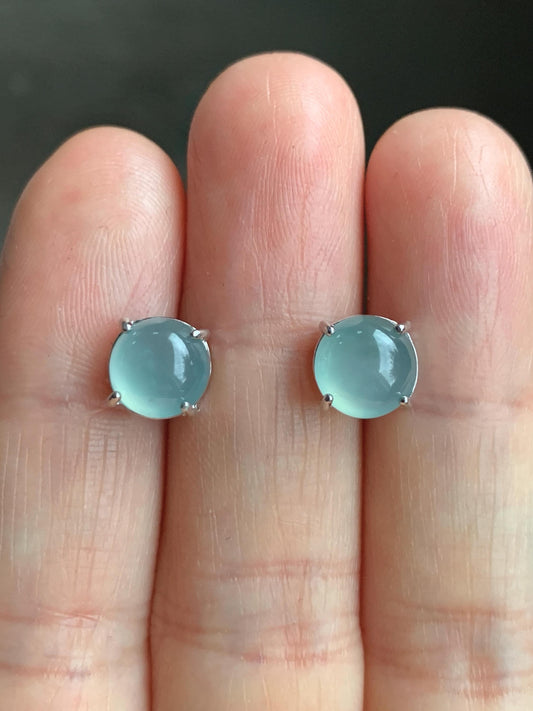 Natural Guatemalan Grade A Icy Highly Translucent Light Teal Blue Jadeite Round Stud Earrings Sterling Silver 天然冰危淡蓝翡翠蛋面银镶耳钉 JDK80