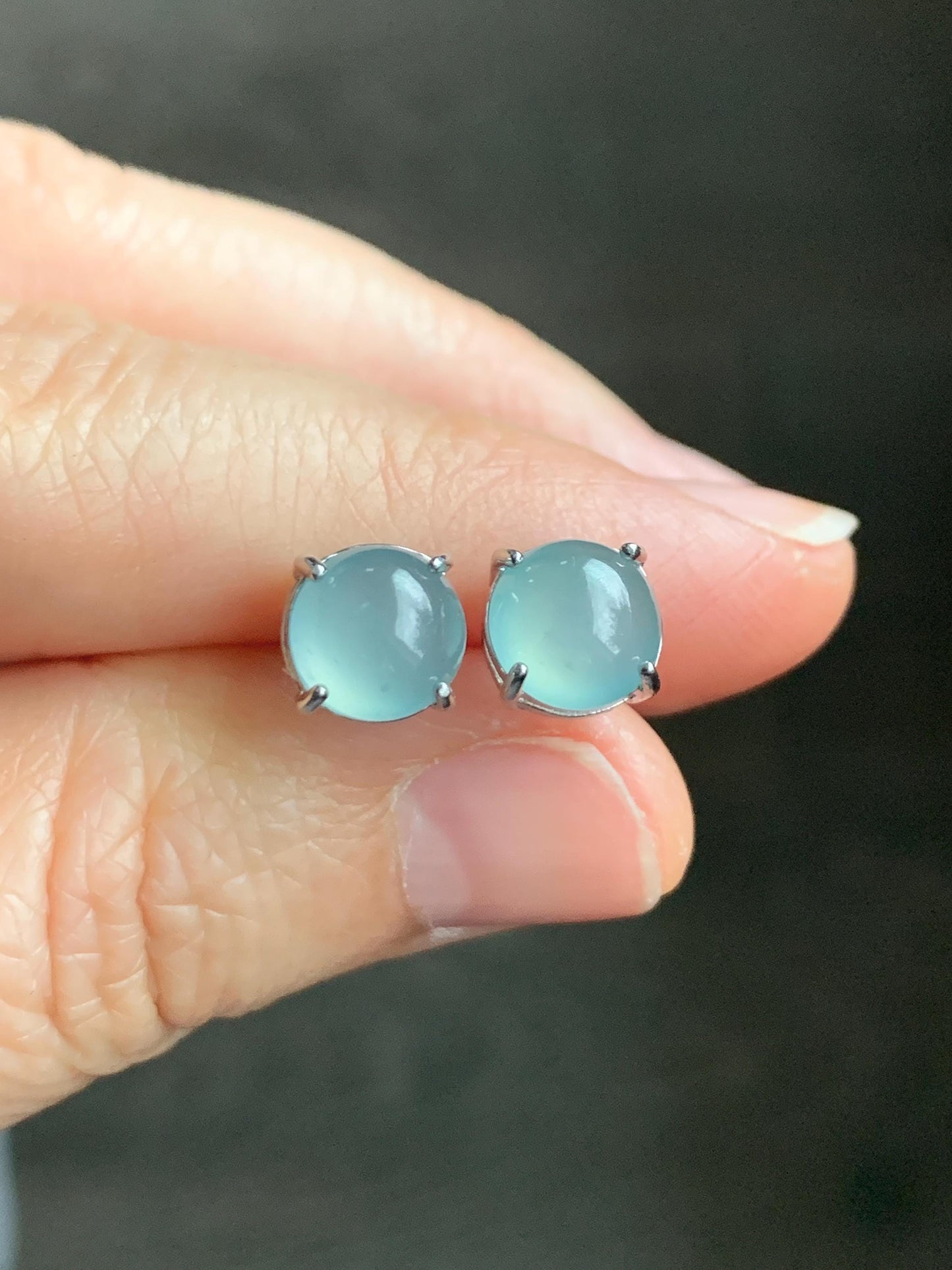 Natural Guatemalan Grade A Icy Highly Translucent Light Teal Blue Jadeite Round Stud Earrings Sterling Silver 天然冰危淡蓝翡翠蛋面银镶耳钉 JDK80