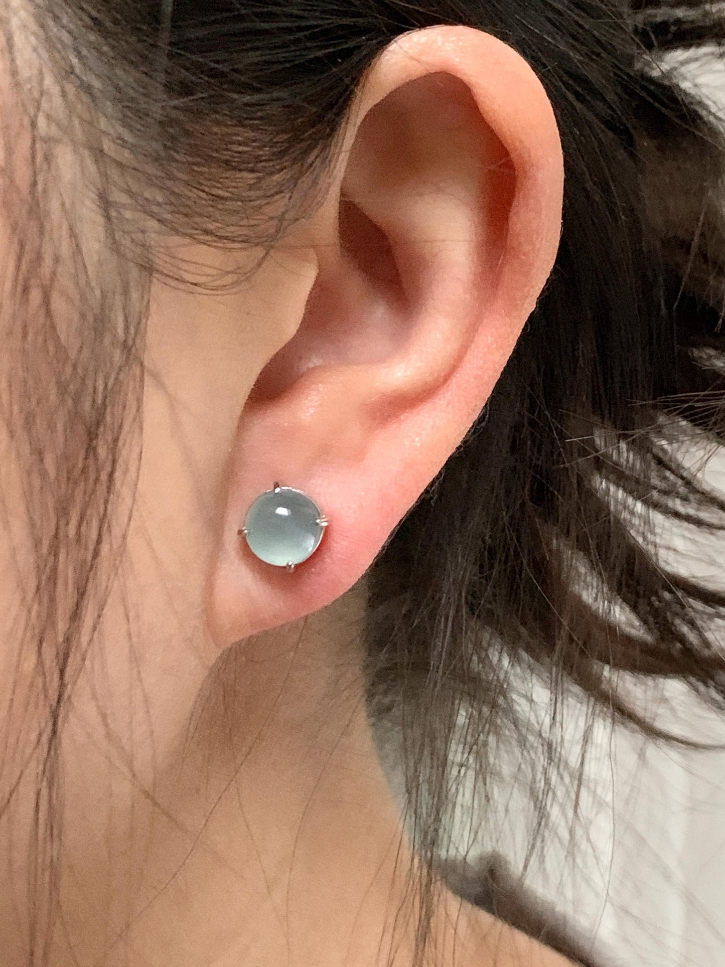 Natural Guatemalan Grade A Icy Highly Translucent Light Teal Blue Jadeite Round Stud Earrings Sterling Silver 天然冰危淡蓝翡翠蛋面银镶耳钉 JDK80