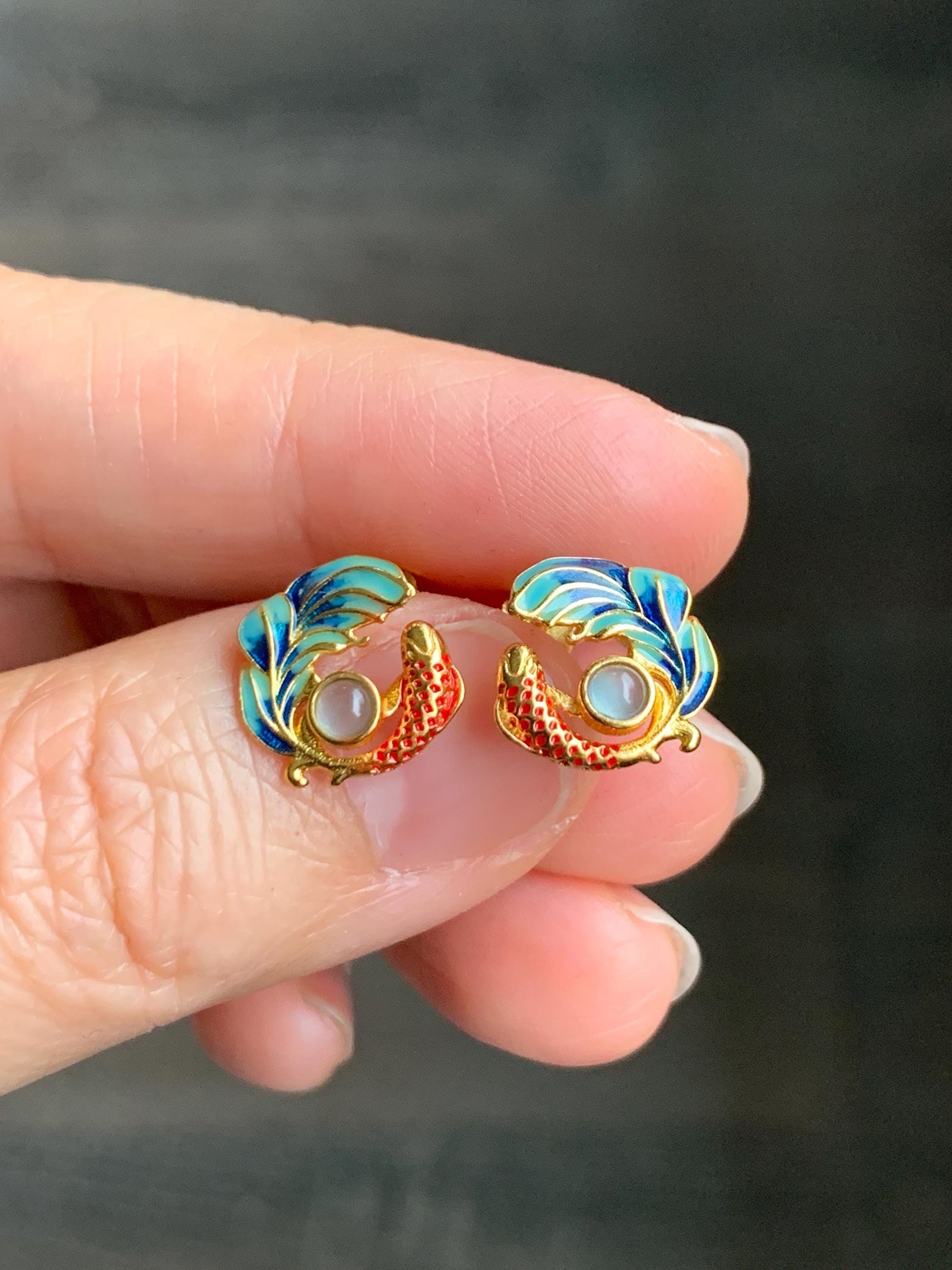 Natural Guatemalan Grade A Icy Highly Translucent Jadeite Koi Fish Stud Earrings Enamel Sterling Silver 天然冰危淡蓝翡翠蛋面锦鲤烤漆银镶耳钉 JLL60