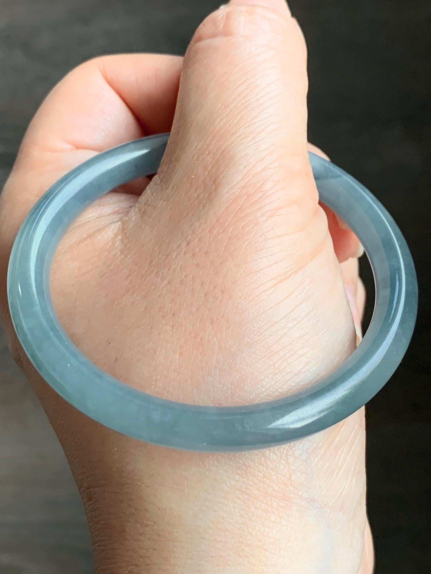 Certified Natural Grade A Guatemalan Icy Translucent Gelatinous Dusty Blue Jadeite Bangle Bracelet 53.8mm 23.68g