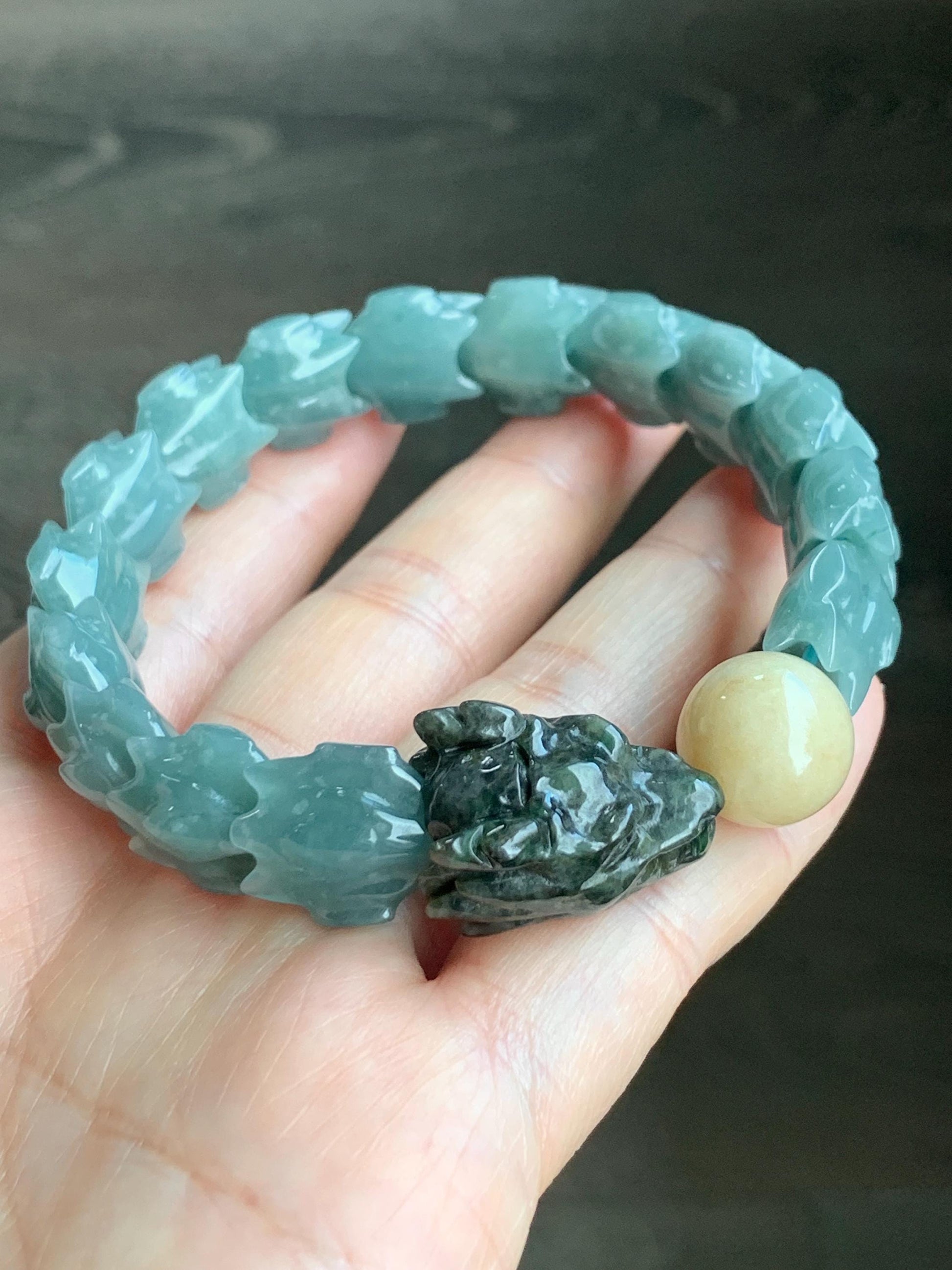 Natural Guatemalan Icy Translucent Dusty Light Blue Wuji Jadeite Carved Dragon Bone & Sphere Beaded Bracelet