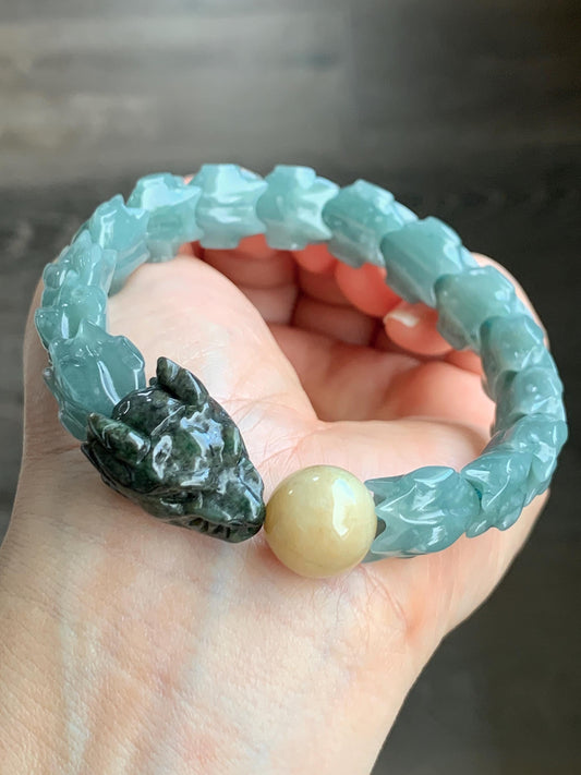 Natural Guatemalan Icy Translucent Dusty Light Blue Wuji Jadeite Carved Dragon Bone & Sphere Beaded Bracelet 48g 天然冰危淡蓝翡翠龙骨乌鸡翡翠龙头珠手串