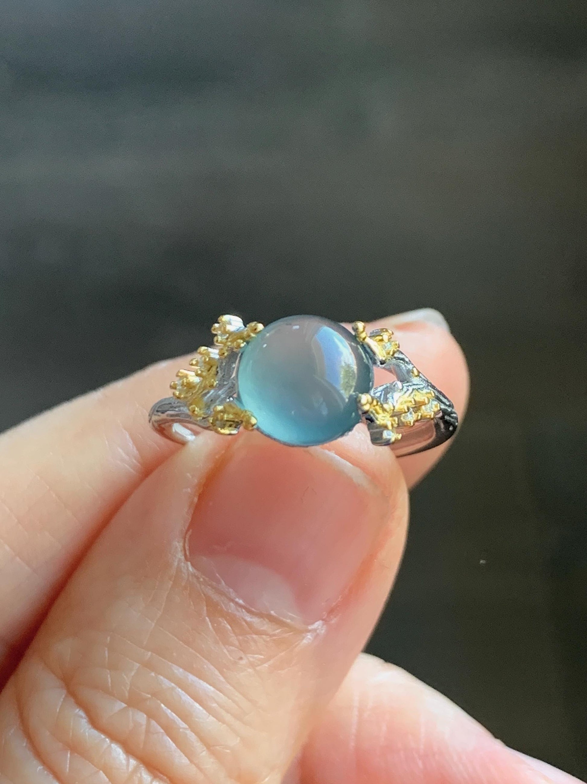 Natural Guatemalan Icy Highly Translucent Light Teal Blue Jadeite Tree Branch Design Ring Sterling Silver Adjustable 天然冰危蓝起光翡翠树枝银镶戒指 MHYA