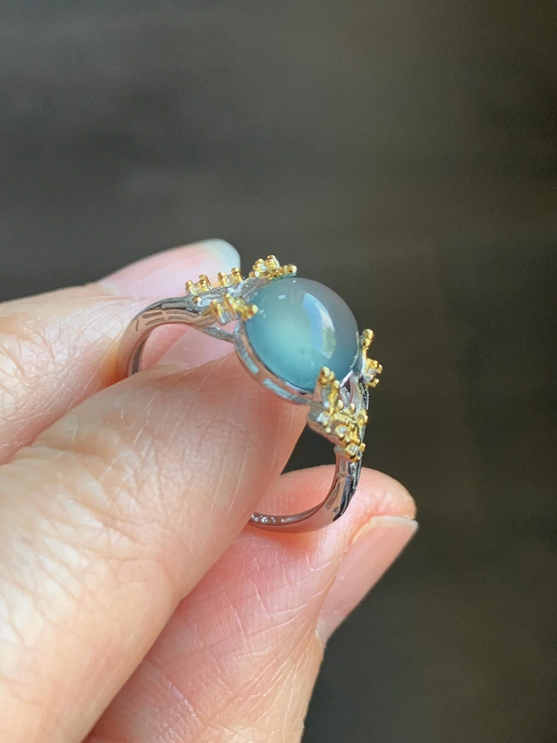 Natural Guatemalan Icy Highly Translucent Light Teal Blue Jadeite Tree Branch Design Ring Sterling Silver Adjustable 天然冰危蓝起光翡翠树枝银镶戒指 MHYA