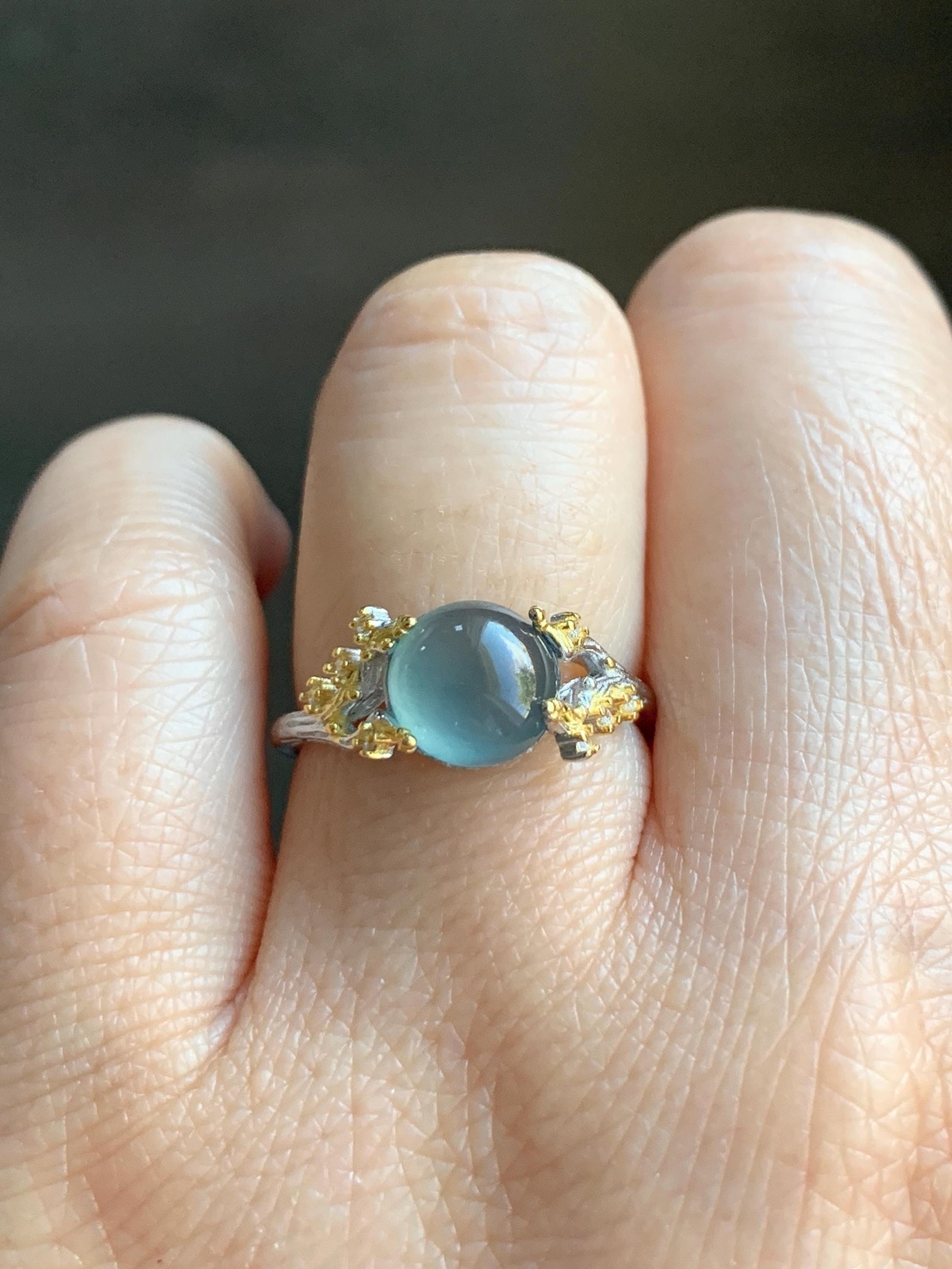 Natural Guatemalan Icy Highly Translucent Light Teal Blue Jadeite Tree Branch Design Ring Sterling Silver Adjustable 天然冰危蓝起光翡翠树枝银镶戒指 MHYA