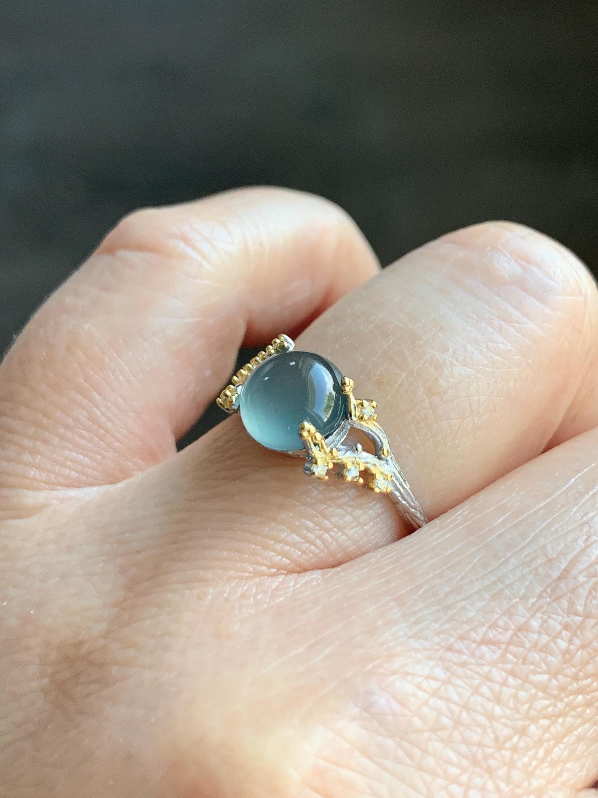 Natural Guatemalan Icy Highly Translucent Light Teal Blue Jadeite Tree Branch Design Ring Sterling Silver Adjustable 天然冰危蓝起光翡翠树枝银镶戒指 MHYA