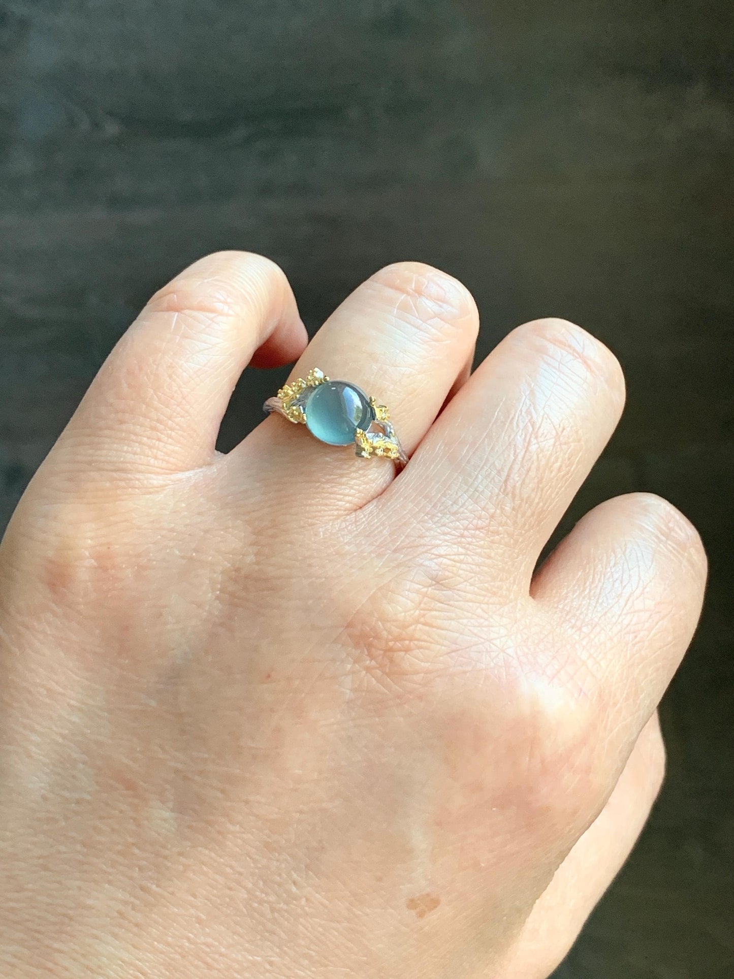 Natural Guatemalan Icy Highly Translucent Light Teal Blue Jadeite Tree Branch Design Ring Sterling Silver Adjustable 天然冰危蓝起光翡翠树枝银镶戒指 MHYA