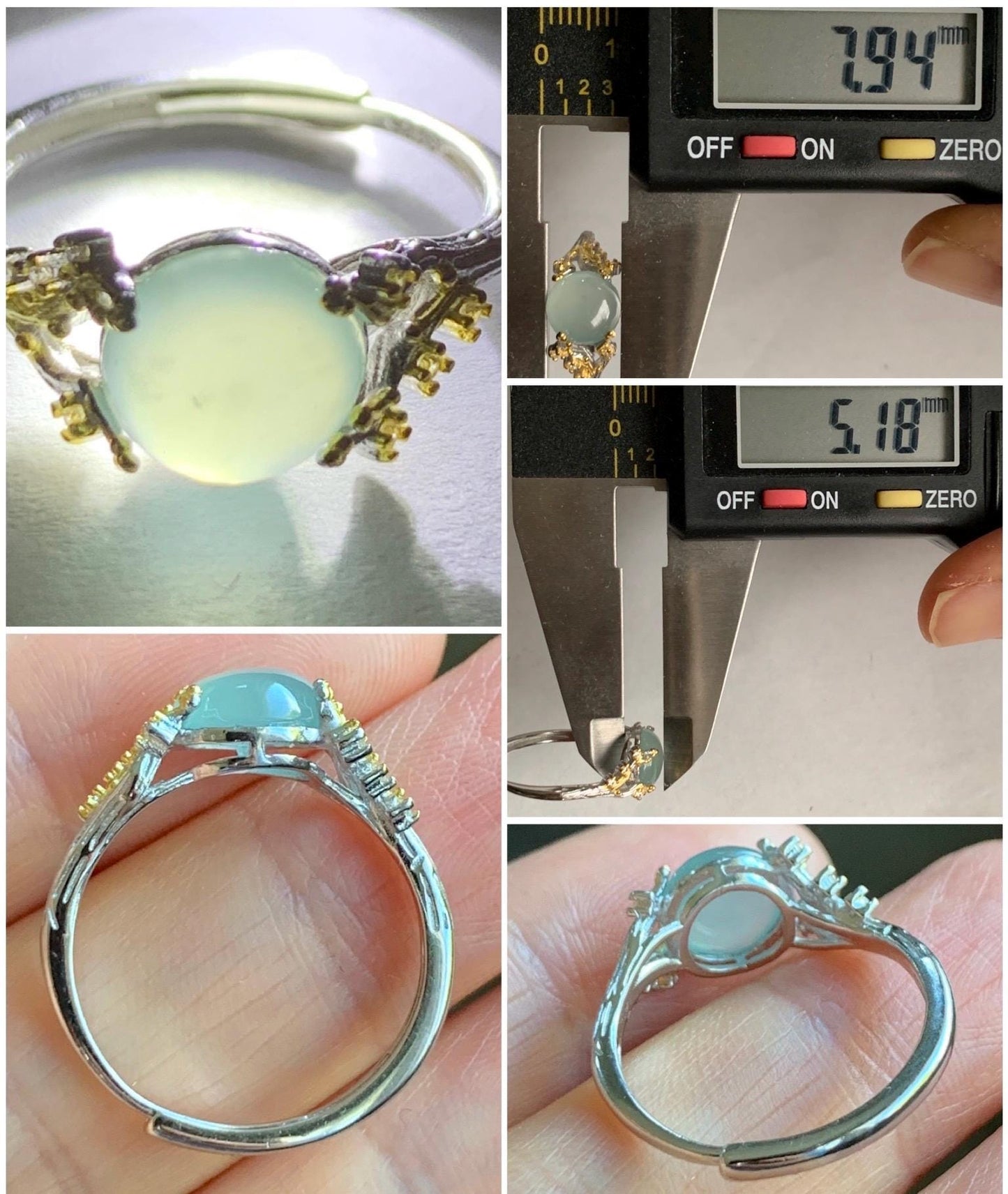 Natural Guatemalan Icy Highly Translucent Pale Blue Jadeite Tree Branch Design Ring Sterling Silver Adjustable 天然冰危淡蓝起光翡翠树枝银镶戒指 MHYB