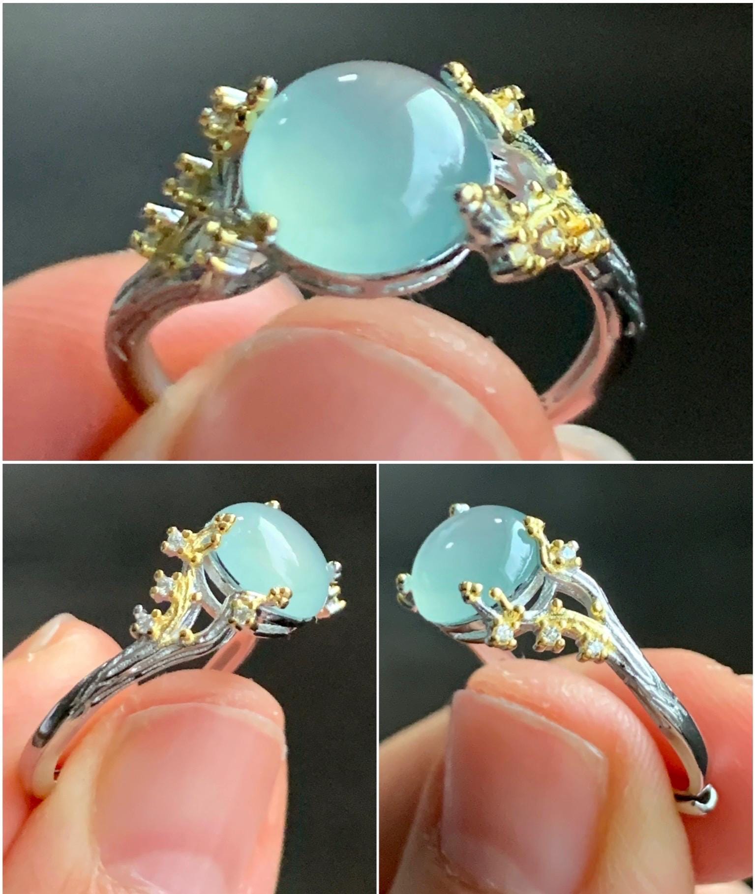Natural Guatemalan Icy Highly Translucent Pale Blue Jadeite Tree Branch Design Ring Sterling Silver Adjustable 天然冰危淡蓝起光翡翠树枝银镶戒指 MHYB
