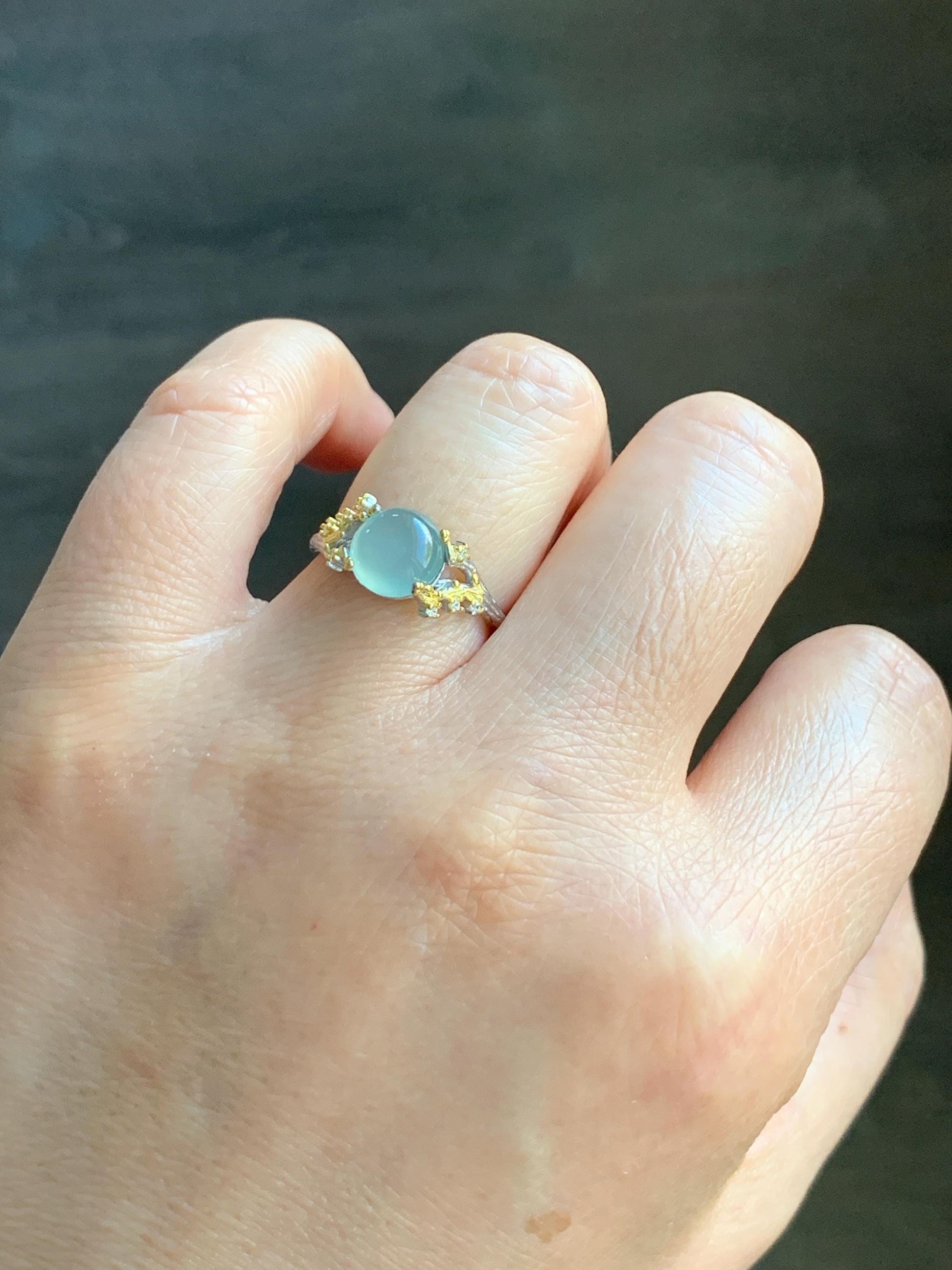 Natural Guatemalan Icy Highly Translucent Pale Blue Jadeite Tree Branch Design Ring Sterling Silver Adjustable 天然冰危淡蓝起光翡翠树枝银镶戒指 MHYB