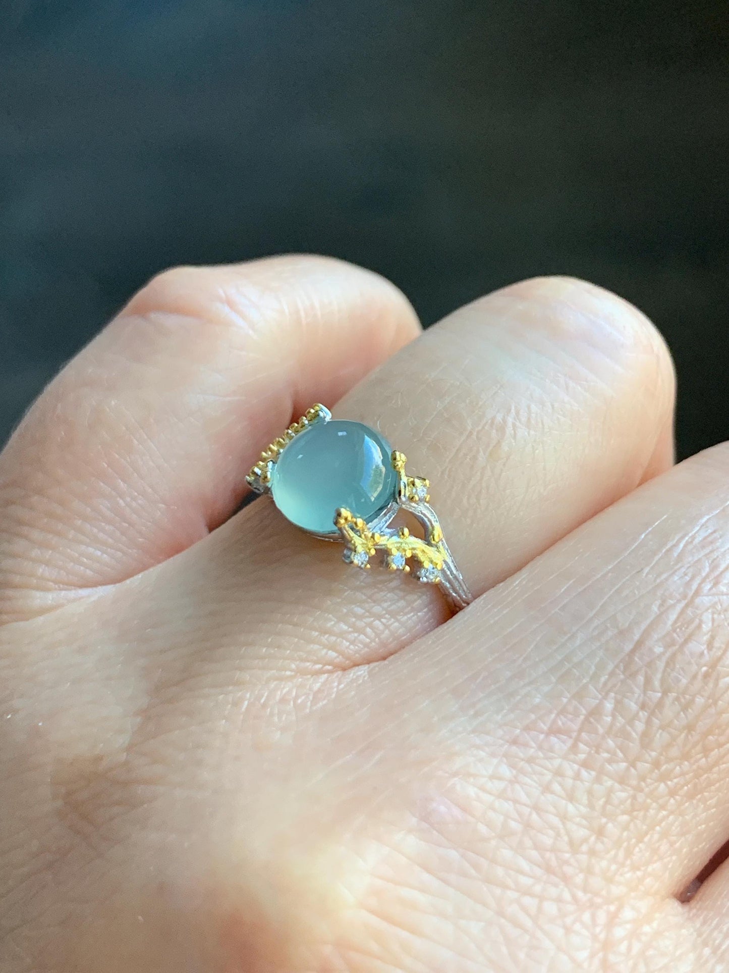 Natural Guatemalan Icy Highly Translucent Pale Blue Jadeite Tree Branch Design Ring Sterling Silver Adjustable 天然冰危淡蓝起光翡翠树枝银镶戒指 MHYB