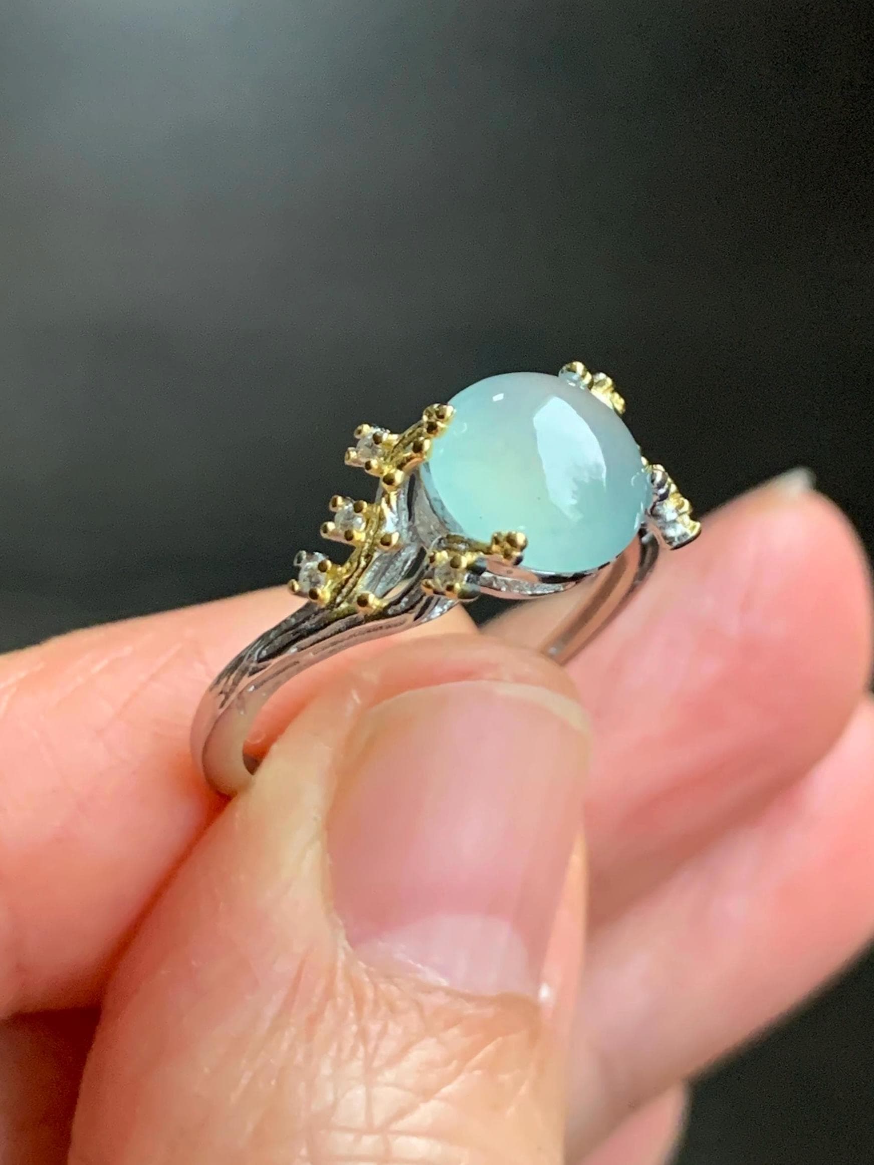Natural Guatemalan Icy Highly Translucent Pale Blue Jadeite Tree Branch Design Ring Sterling Silver Adjustable 天然冰危淡蓝起光翡翠树枝银镶戒指 MHYB