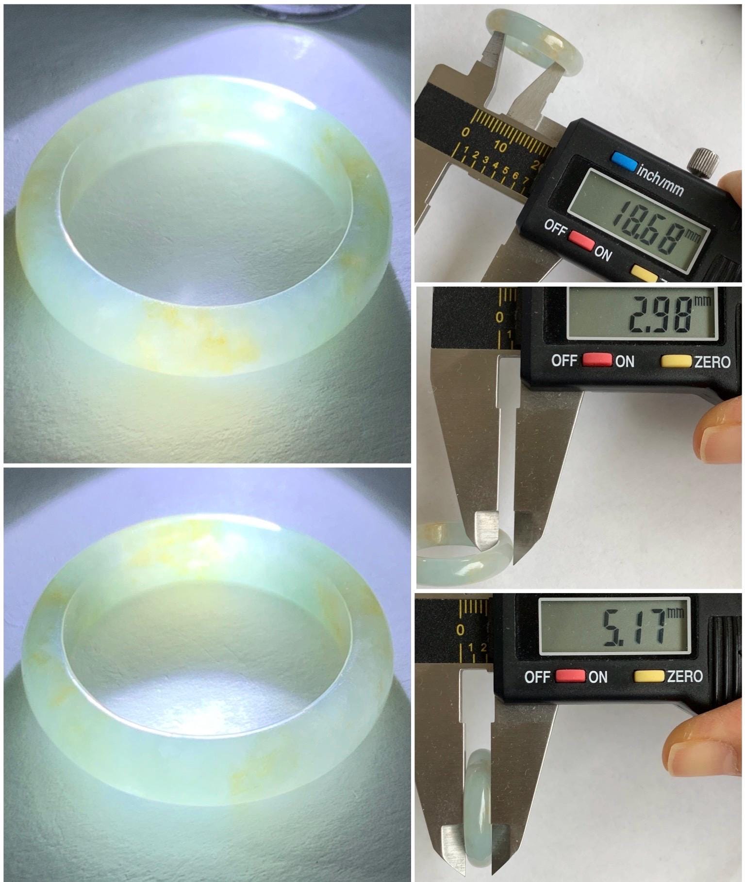 Natural Grade A Icy Translucent Bicolored Pastel Blue Golden Yellow Marbled Jadeite Band Ring Size 8.5 US 天然冰胶浅蓝撒金翡翠戒圈 SHS66