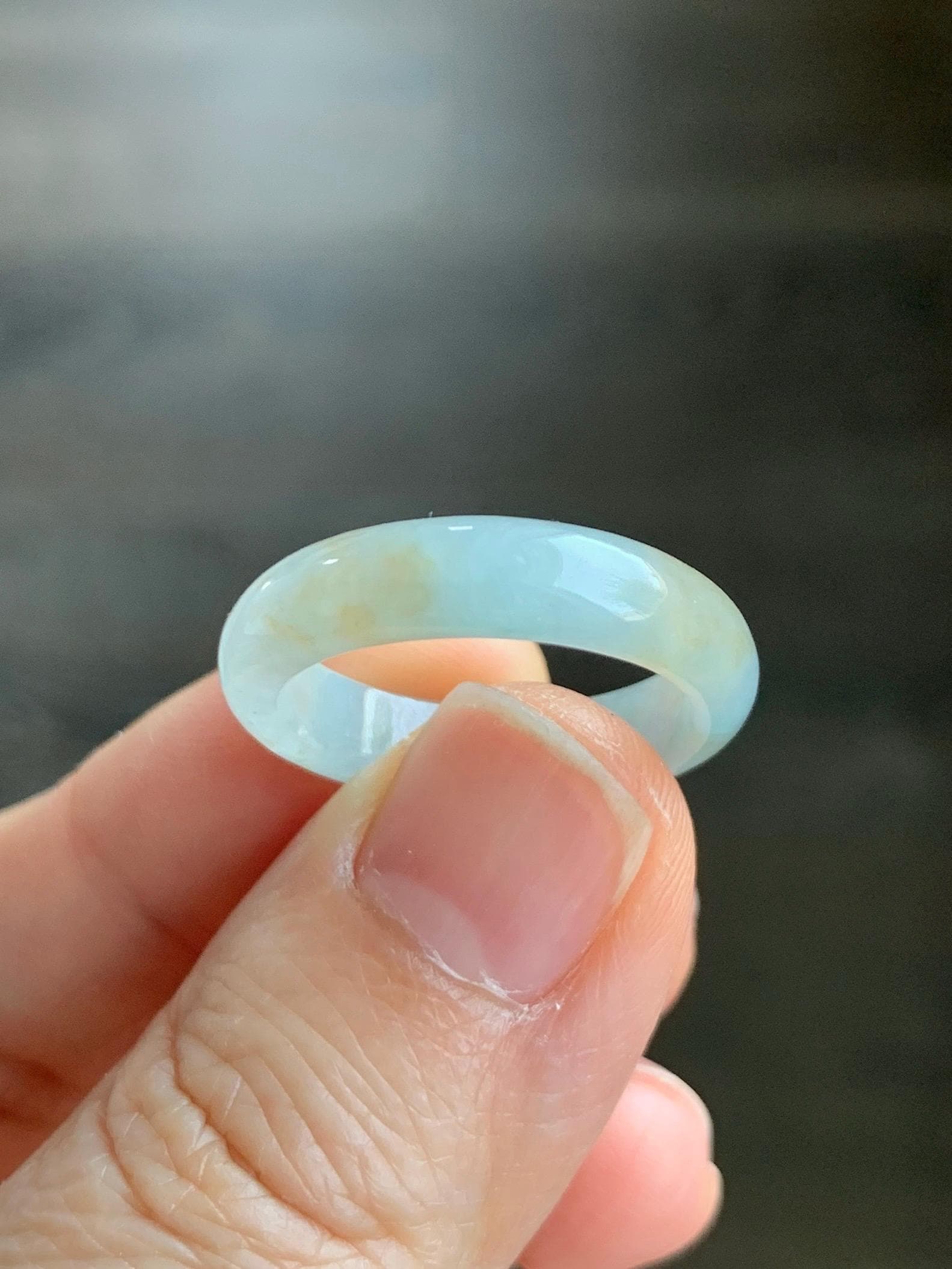 Natural Grade A Icy Translucent Bicolored Pastel Blue Golden Yellow Marbled Jadeite Band Ring Size 8.5 US