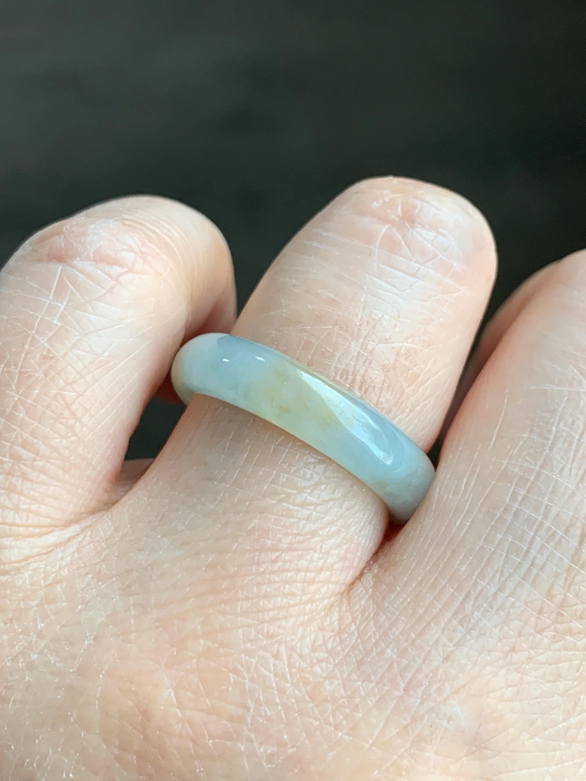 Natural Grade A Icy Translucent Bicolored Pastel Blue Golden Yellow Marbled Jadeite Band Ring Size 8.5 US