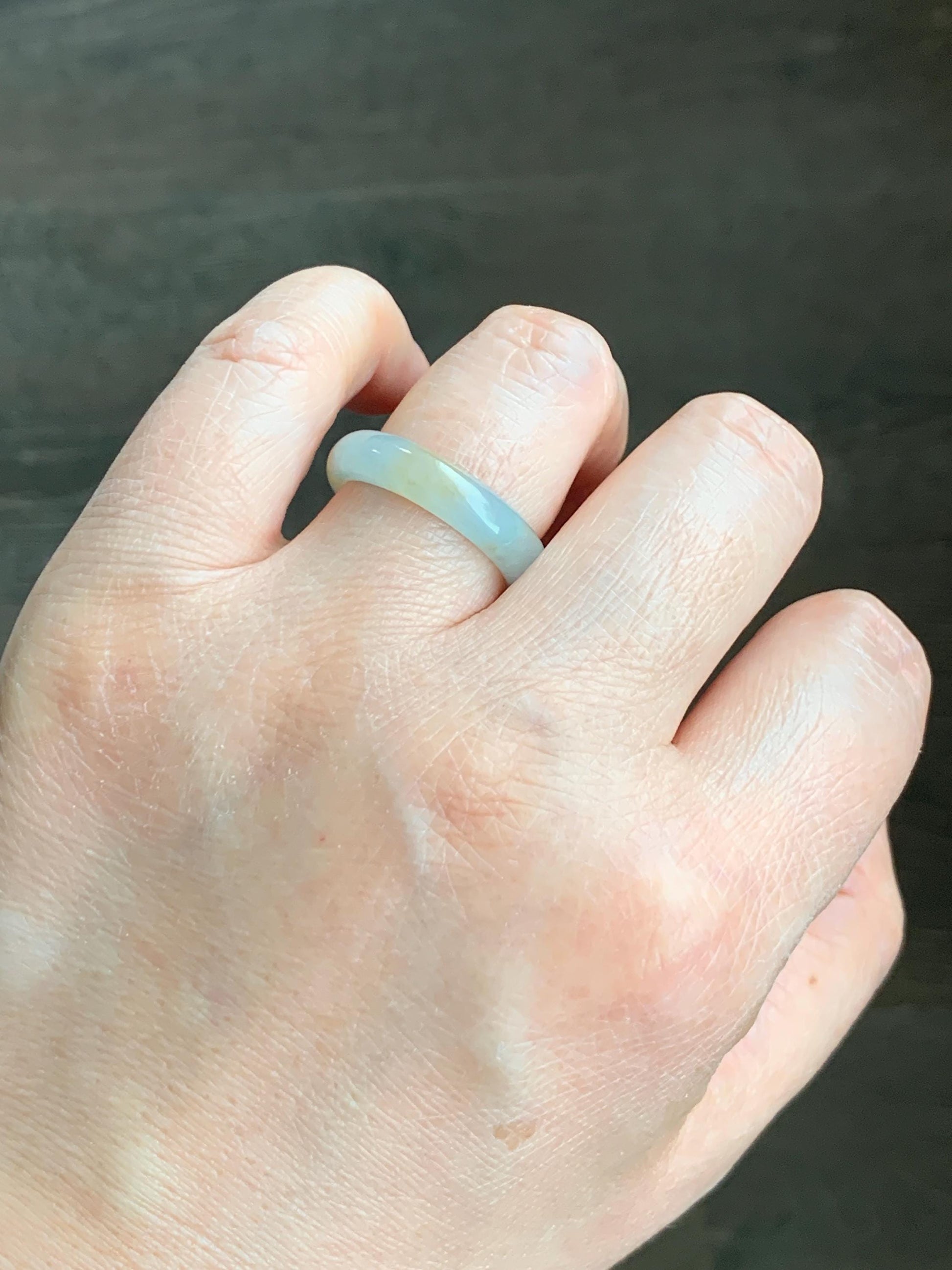 Natural Grade A Icy Translucent Bicolored Pastel Blue Golden Yellow Marbled Jadeite Band Ring Size 8.5 US