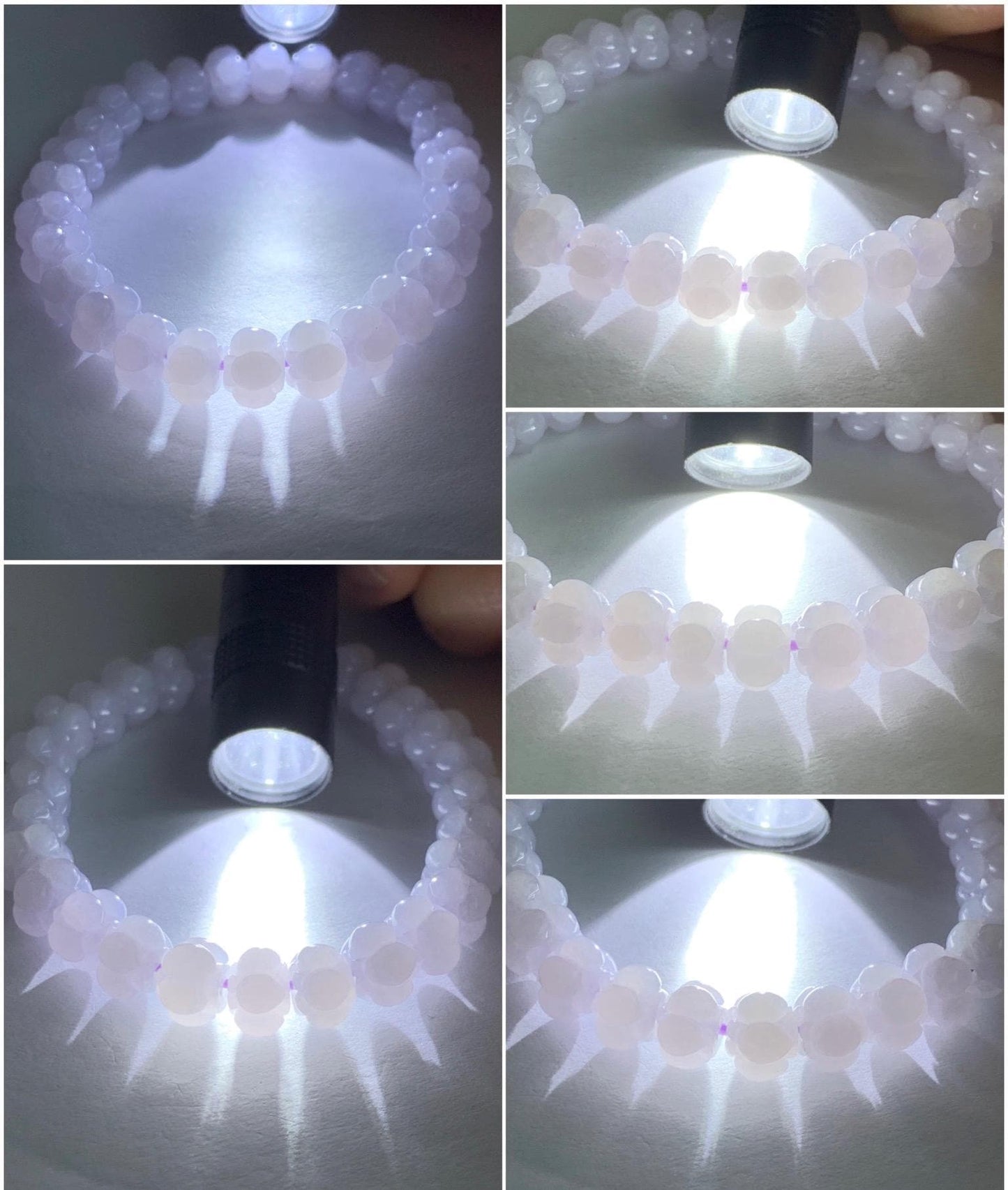Natural Grade A Icy Translucent Icy White Jadeite w/ Pastel Purple Undertone Lotus Flower beads Beaded Bracelet 6.75” 21g 天然糯冰淡紫底翡翠莲花珠手串