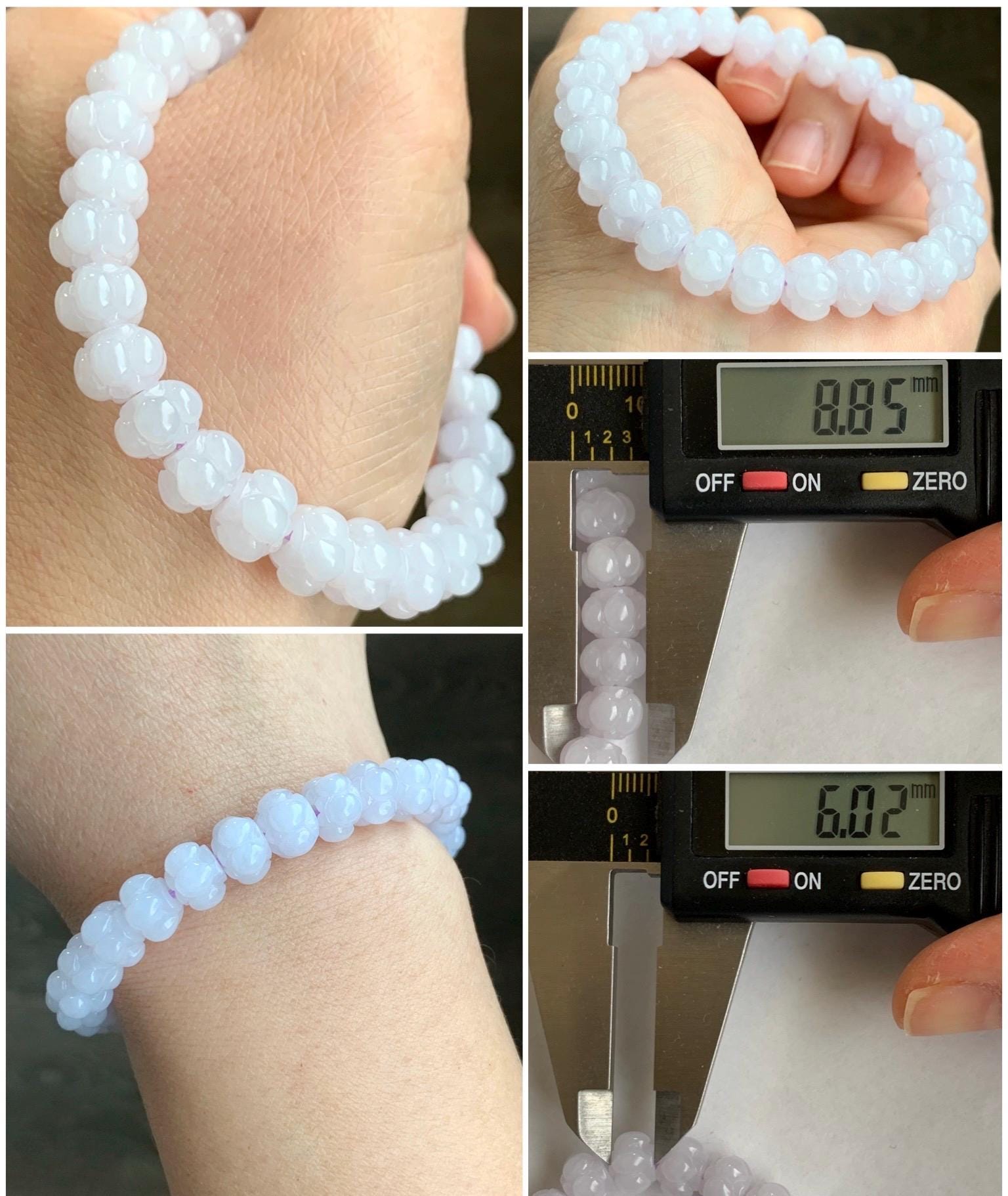 Natural Grade A Icy Translucent Icy White Jadeite w/ Pastel Purple Undertone Lotus Flower beads Beaded Bracelet 6.75” 21g 天然糯冰淡紫底翡翠莲花珠手串