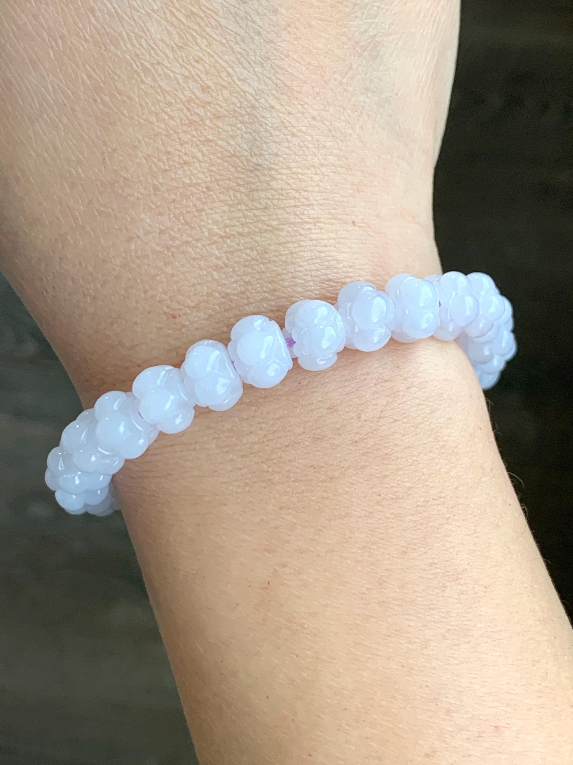 Natural Grade A Icy Translucent Icy White Jadeite w/ Pastel Purple Undertone Lotus Flower beads Beaded Bracelet 6.75” 21g 天然糯冰淡紫底翡翠莲花珠手串