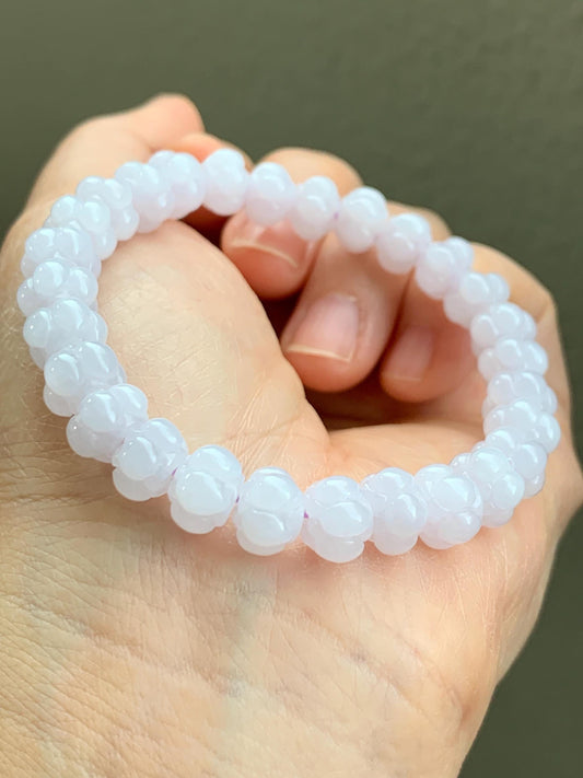 Natural Grade A Icy Translucent Icy White Jadeite w/ Pastel Purple Undertone Lotus Flower beads Beaded Bracelet 6.75” 21g 天然糯冰淡紫底翡翠莲花珠手串