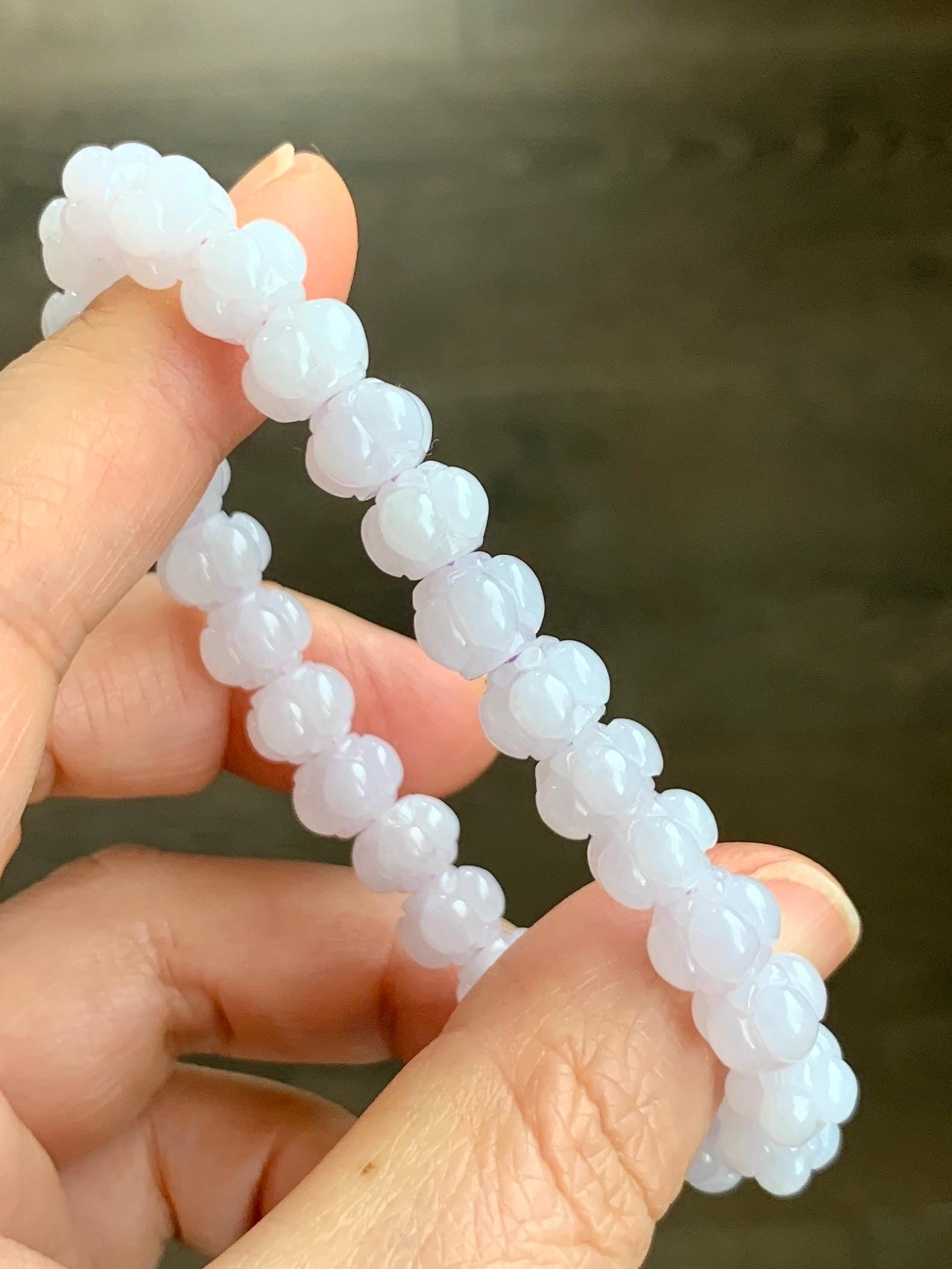Natural Grade A Icy Translucent Icy White Jadeite w/ Pastel Purple Undertone Lotus Flower beads Beaded Bracelet 6.75” 21g 天然糯冰淡紫底翡翠莲花珠手串