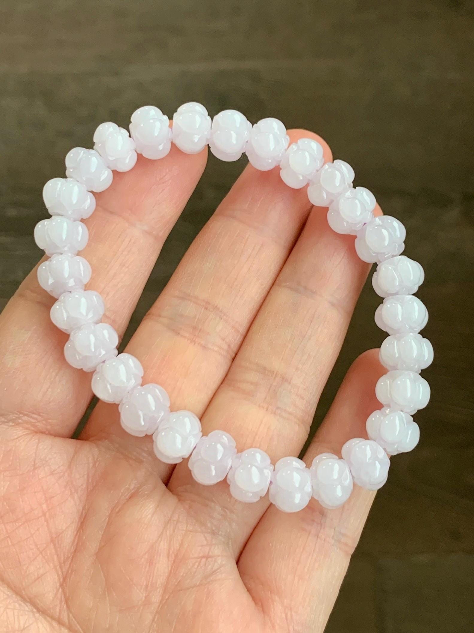 Natural Grade A Icy Translucent Icy White Jadeite w/ Pastel Purple Undertone Lotus Flower beads Beaded Bracelet 6.75” 21g 天然糯冰淡紫底翡翠莲花珠手串