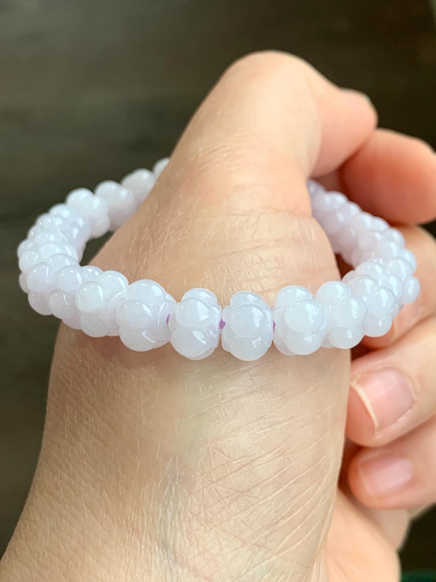 Natural Grade A Icy Translucent Icy White Jadeite w/ Pastel Purple Undertone Lotus Flower beads Beaded Bracelet 6.75” 21g 天然糯冰淡紫底翡翠莲花珠手串