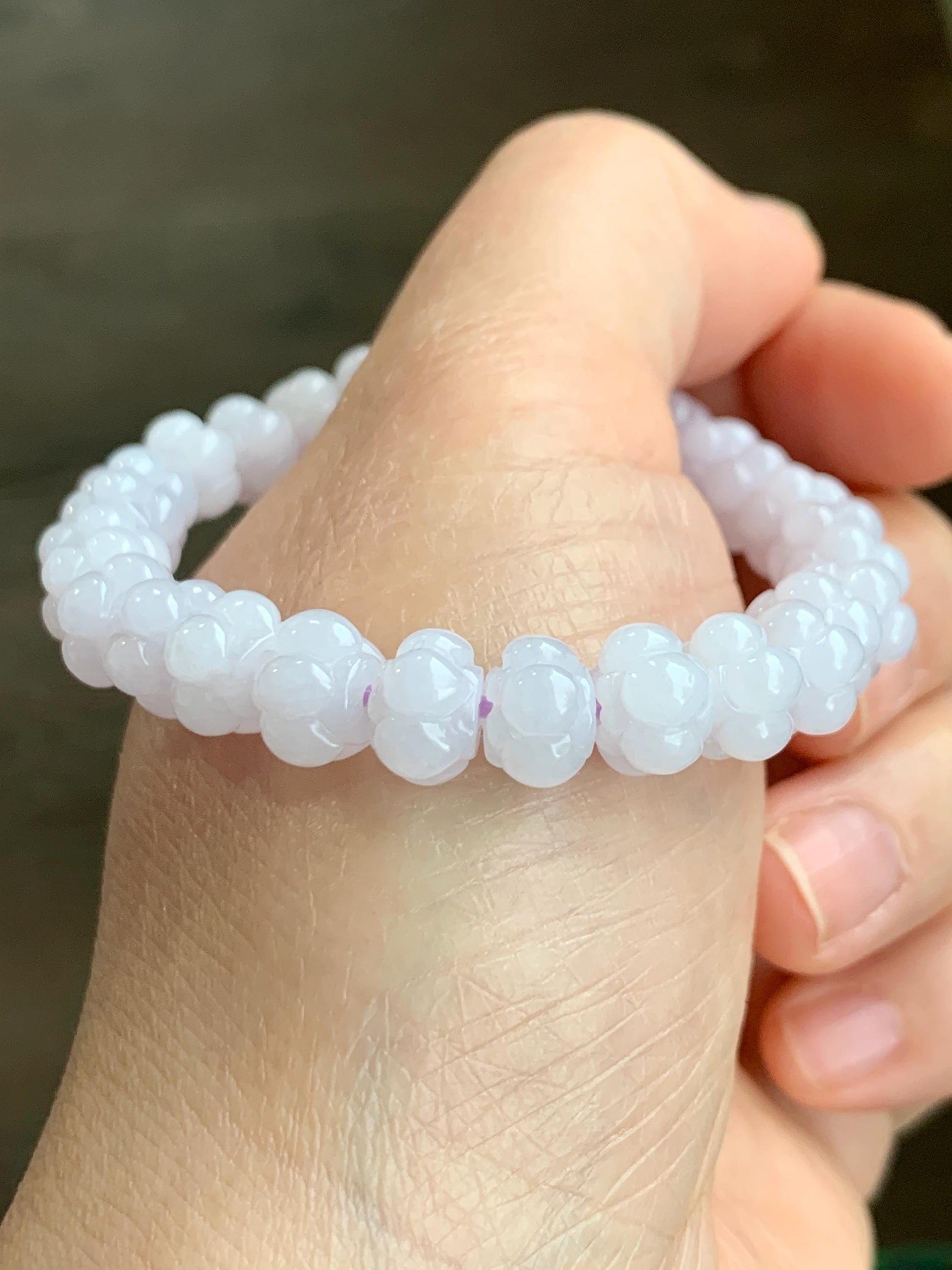 Natural Grade A Icy Translucent Icy White Jadeite w/ Pastel Purple Undertone Lotus Flower beads Beaded Bracelet 6.75” 21g 天然糯冰淡紫底翡翠莲花珠手串