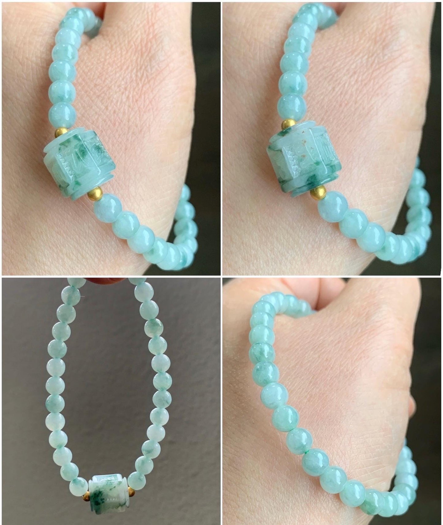 Natural Grade A Icy Translucent Green Marbled Jadeite Jadeite Engraved Six Word Mantra Hexagon Bead Beaded Bracelet Sterling Silver Stretchy