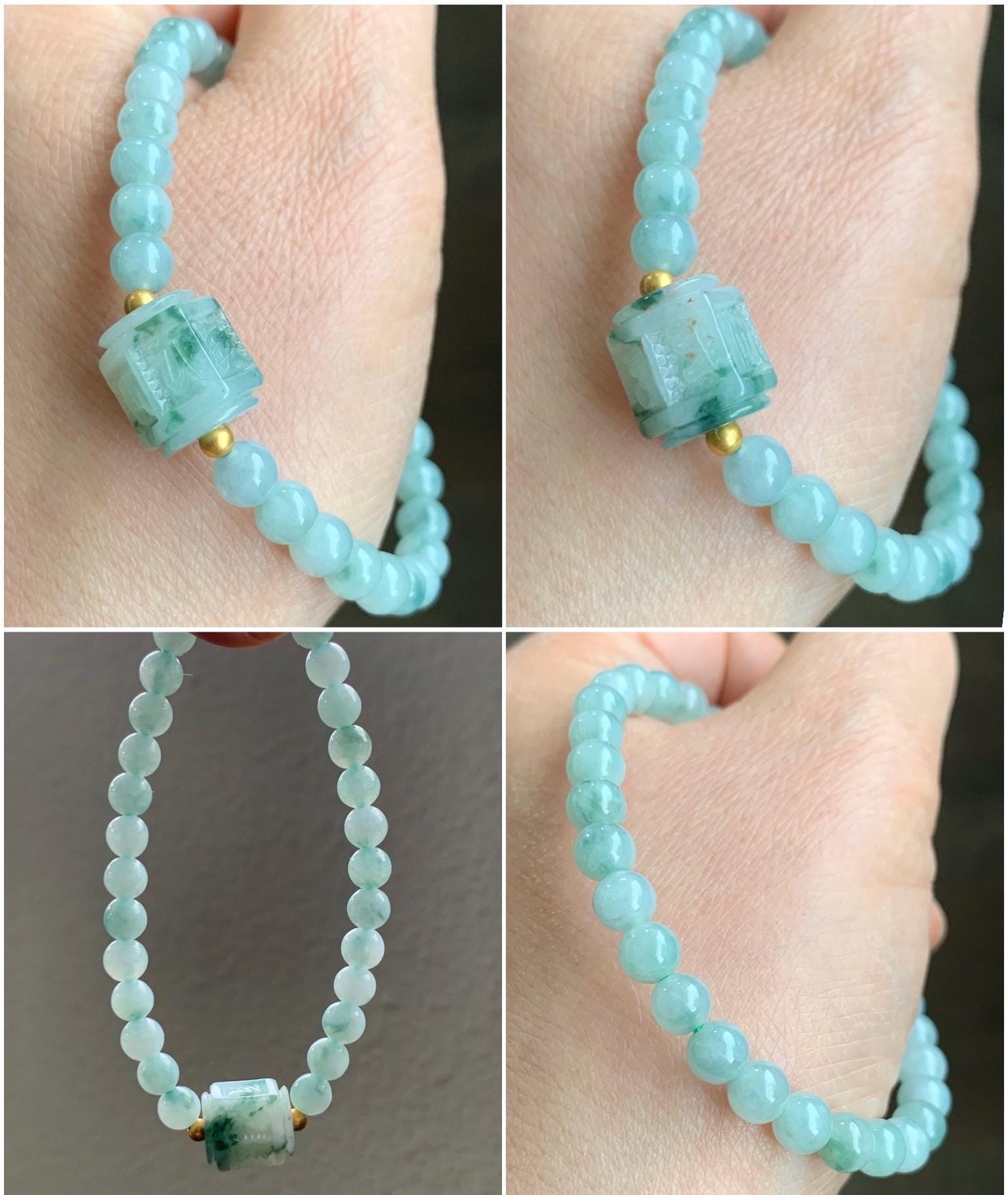 Natural Grade A Icy Translucent Green Marbled Jadeite Jadeite Engraved Six Word Mantra Hexagon Bead Beaded Bracelet Sterling Silver Stretchy