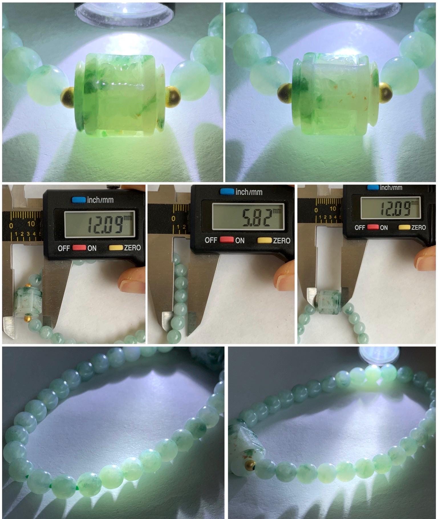 Natural Grade A Icy Translucent Green Marbled Jadeite Jadeite Engraved Six Word Mantra Hexagon Bead Beaded Bracelet 6.75” 天然冰飘绿花翡翠六字真言珠圆珠手串