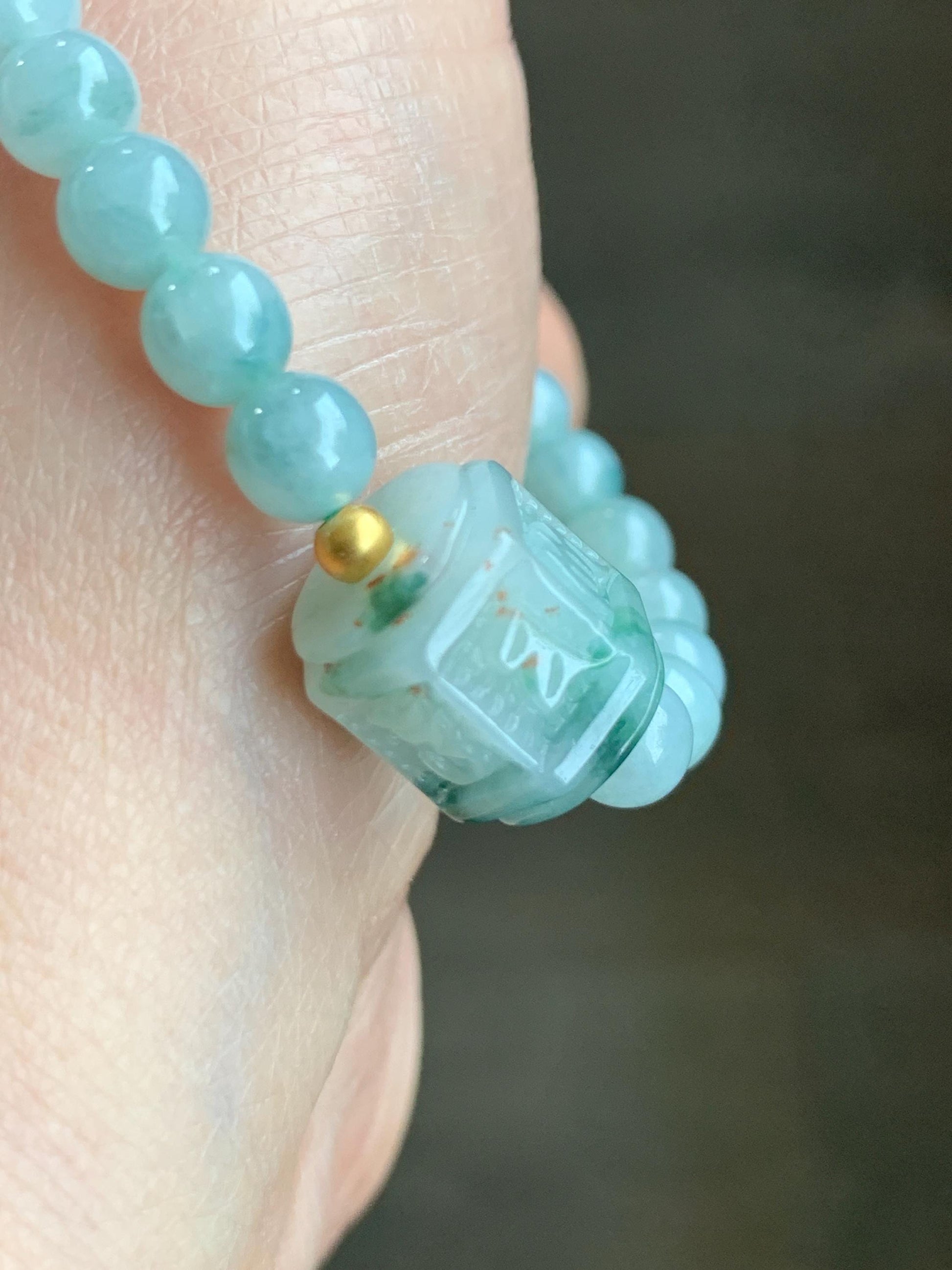 Natural Grade A Icy Translucent Green Marbled Jadeite Jadeite Engraved Six Word Mantra Hexagon Bead Beaded Bracelet Sterling Silver Stretchy