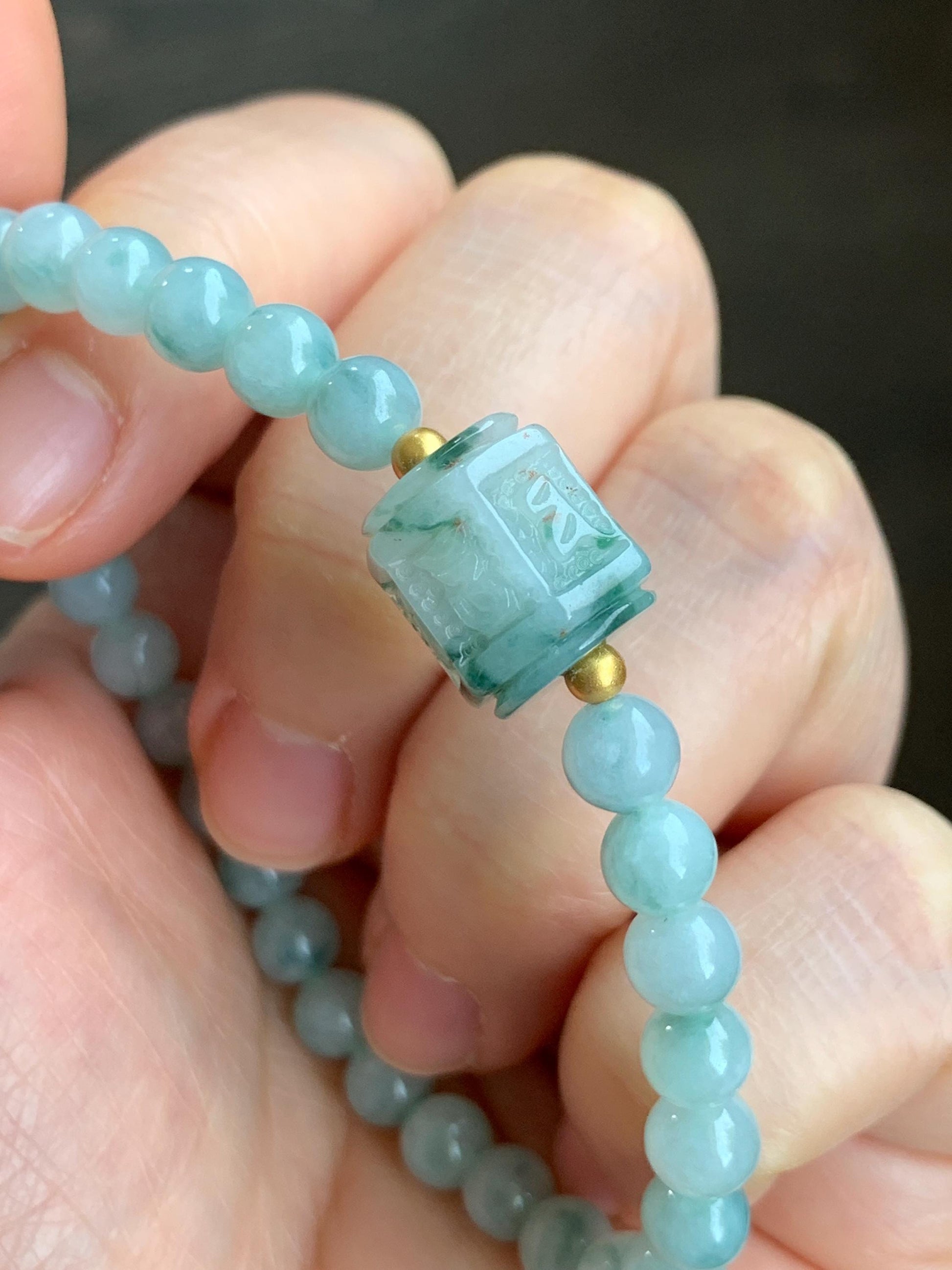 Natural Grade A Icy Translucent Green Marbled Jadeite Jadeite Engraved Six Word Mantra Hexagon Bead Beaded Bracelet Sterling Silver Stretchy