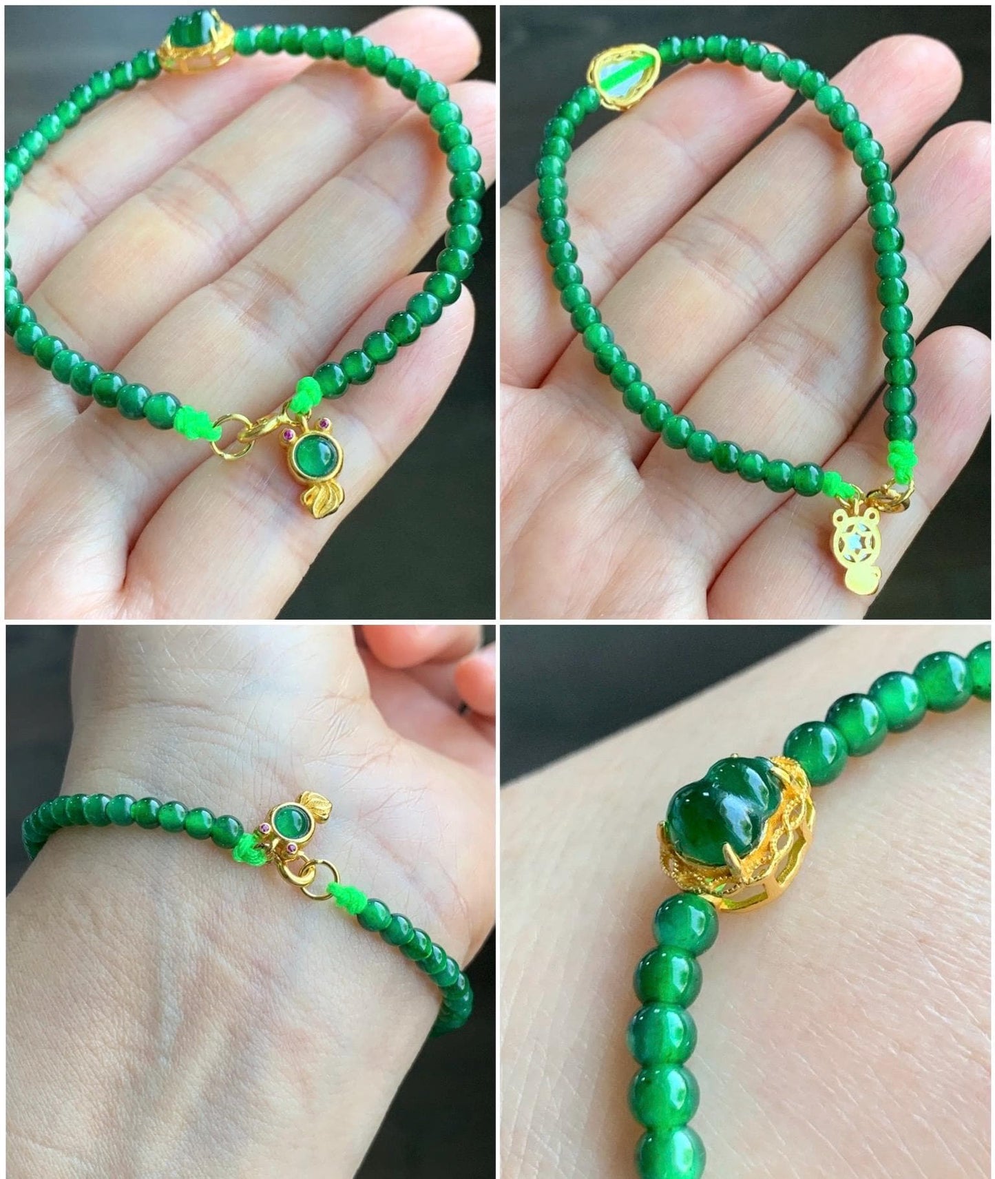 Natural Guatemalan Icy Translucent Vibrant Green Jadeite Beads Gourd Goldfish Charms Beaded Bracelet Sterling Silver 6.75” 天然冰危绿翡翠葫芦小圆珠手串