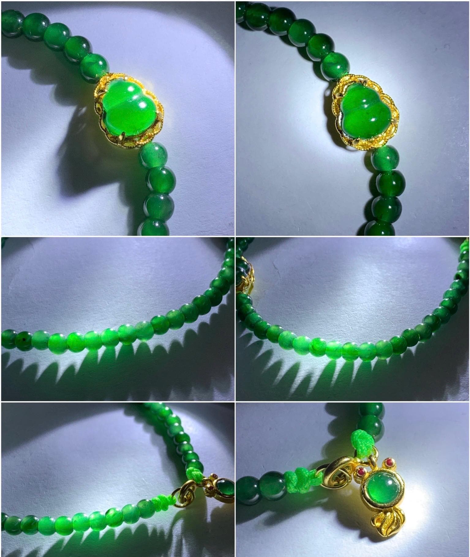 Natural Guatemalan Icy Translucent Vibrant Green Jadeite Beads Gourd Goldfish Charms Beaded Bracelet Sterling Silver 6.75” 天然冰危绿翡翠葫芦小圆珠手串