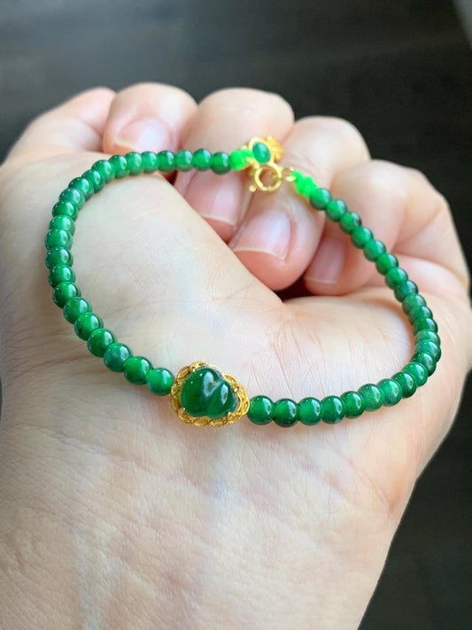 Natural Grade A Guatemalan Icy Translucent Vibrant Green Jadeite Beads Gourd Goldfish Charms Beaded Bracelet Sterling Silver 天然冰危绿翡翠葫芦小圆珠手串