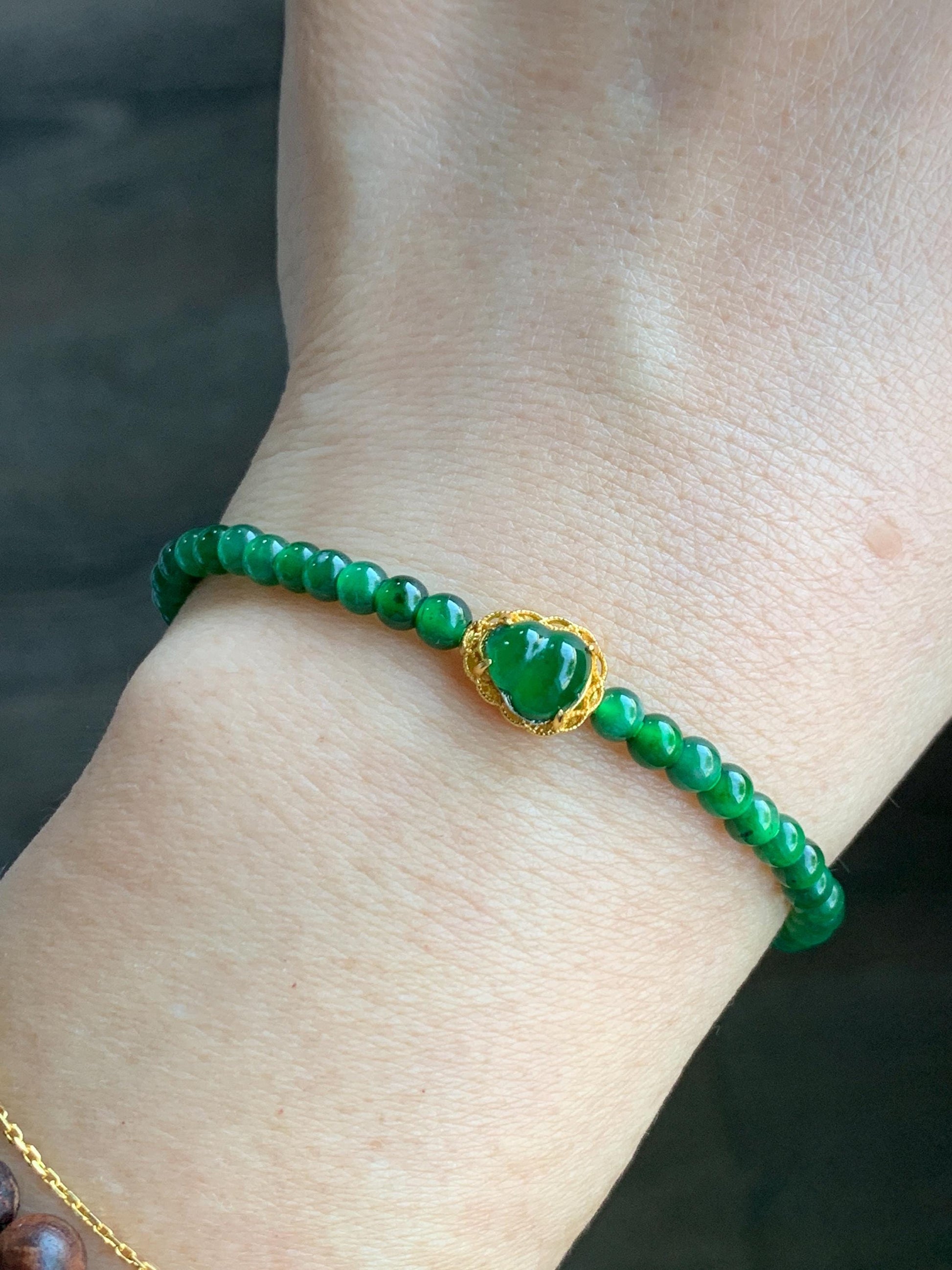 Natural Grade A Guatemalan Icy Translucent Vibrant Green Jadeite Beads Gourd Goldfish Charms Beaded Bracelet Sterling Silver