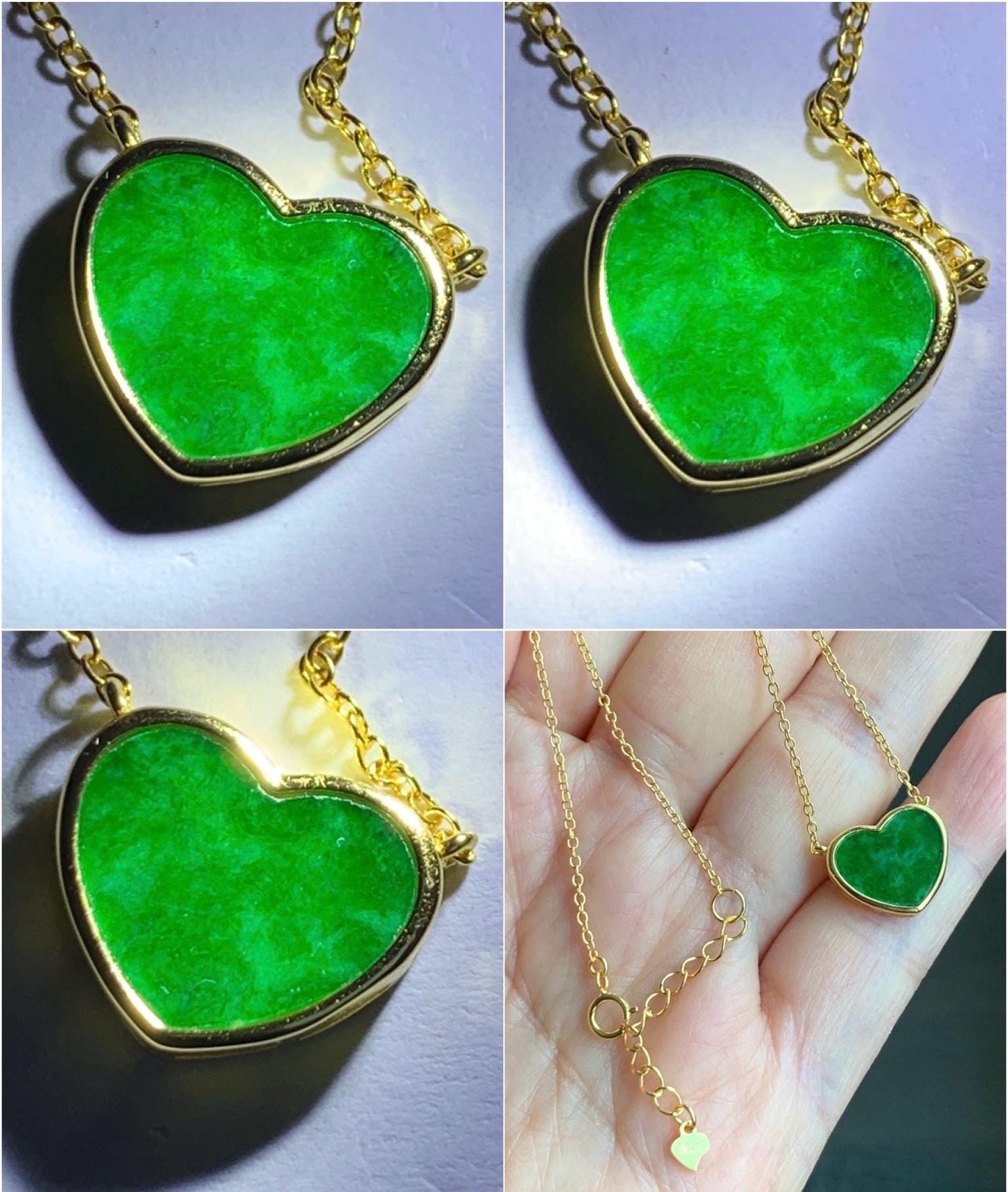 Certified Natural Grade A Translucent Vibrant Green Jadeite Heart Pendant Necklace Sterling Silver YG Overlay 天然花青爱心翡翠蛋面银镶锁骨链套链 1669